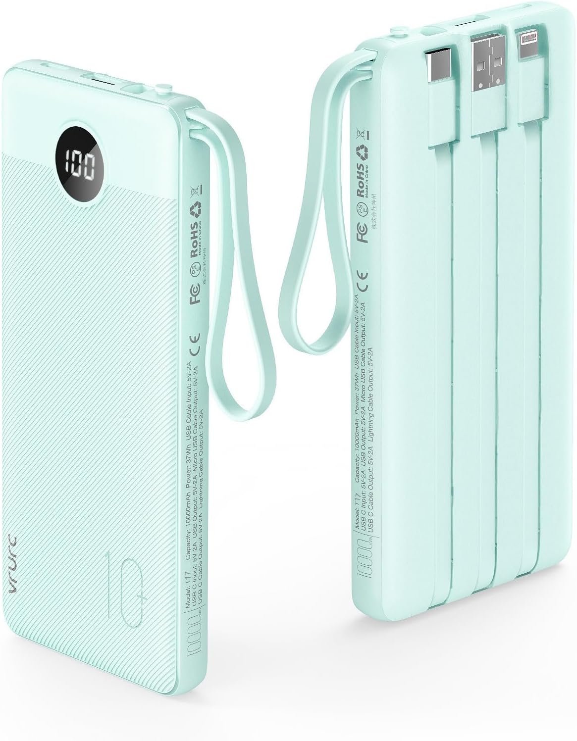 Custom Logo Portable Charger with Built-in Cables 22.5W Fast Charging USB C Power Bank 10000mAh Private Label Compact Battery Pack for iPhone 17/16/15/14/13 Samsung Galaxy Green Factory 1 Pack