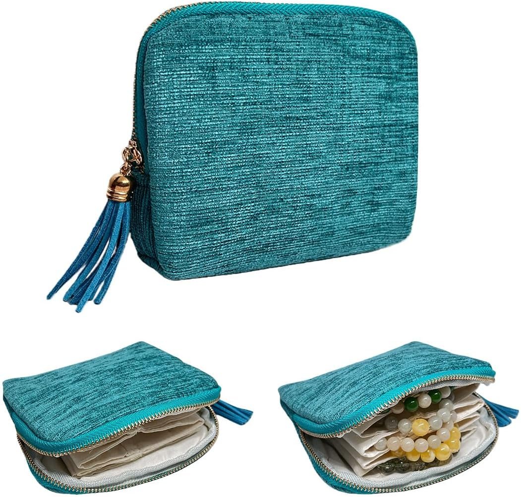 Private Label Travel Jewelry Case Small Organizer Storage Bag with Zipper & Tassel Custom Logo 5 Pockets for Necklaces Bracelets Earrings Rings (3.5 x 3.3 Inch Inner Bag Lake Blue) Factory