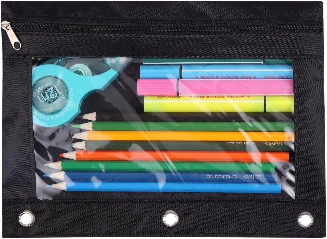 Custom Logo 3-Ring Pen and Pencil Pouch with Clear Window, Private Label Stationery Bag Binder Case Classroom Organizers Black Manufacturer