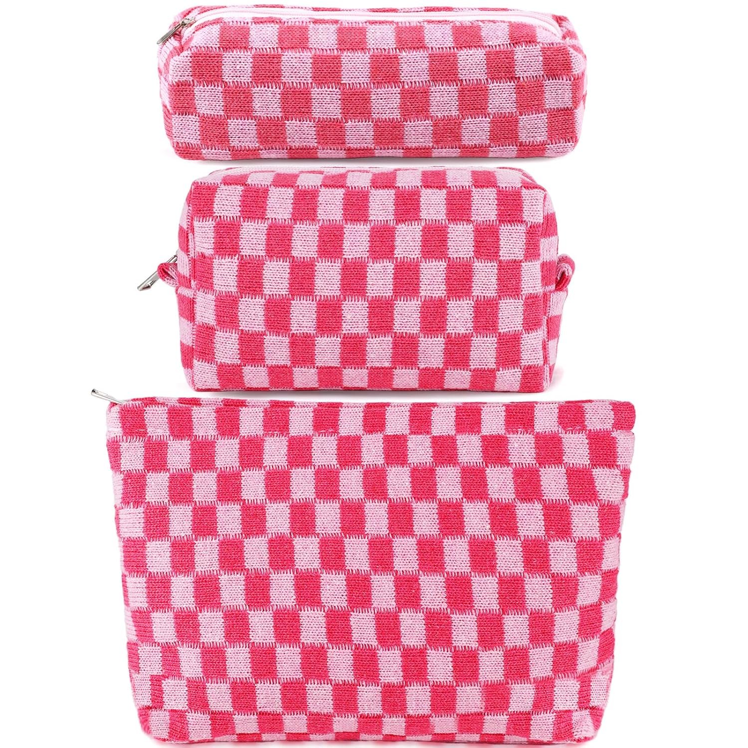 Custom Logo 3Pcs Checkered Makeup Cosmetic Bag Set Travel Toiletry Large Small Pouches for Purse Women Cute Preppy Pink Zipper Pencil Case Manufacturer Private Label Skincare Bags