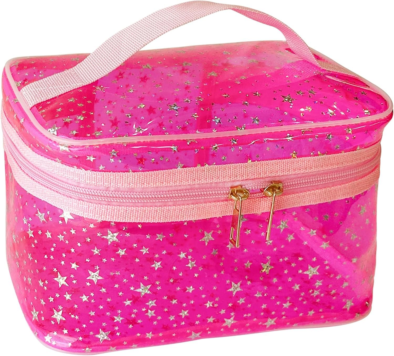 Private Label Star Print Pink PVC Makeup Bag with Handle 8.66  5.51  5.51 inch Custom Logo Waterproof Zippered Toiletry Cosmetic Organizer Pouch Manufacturer