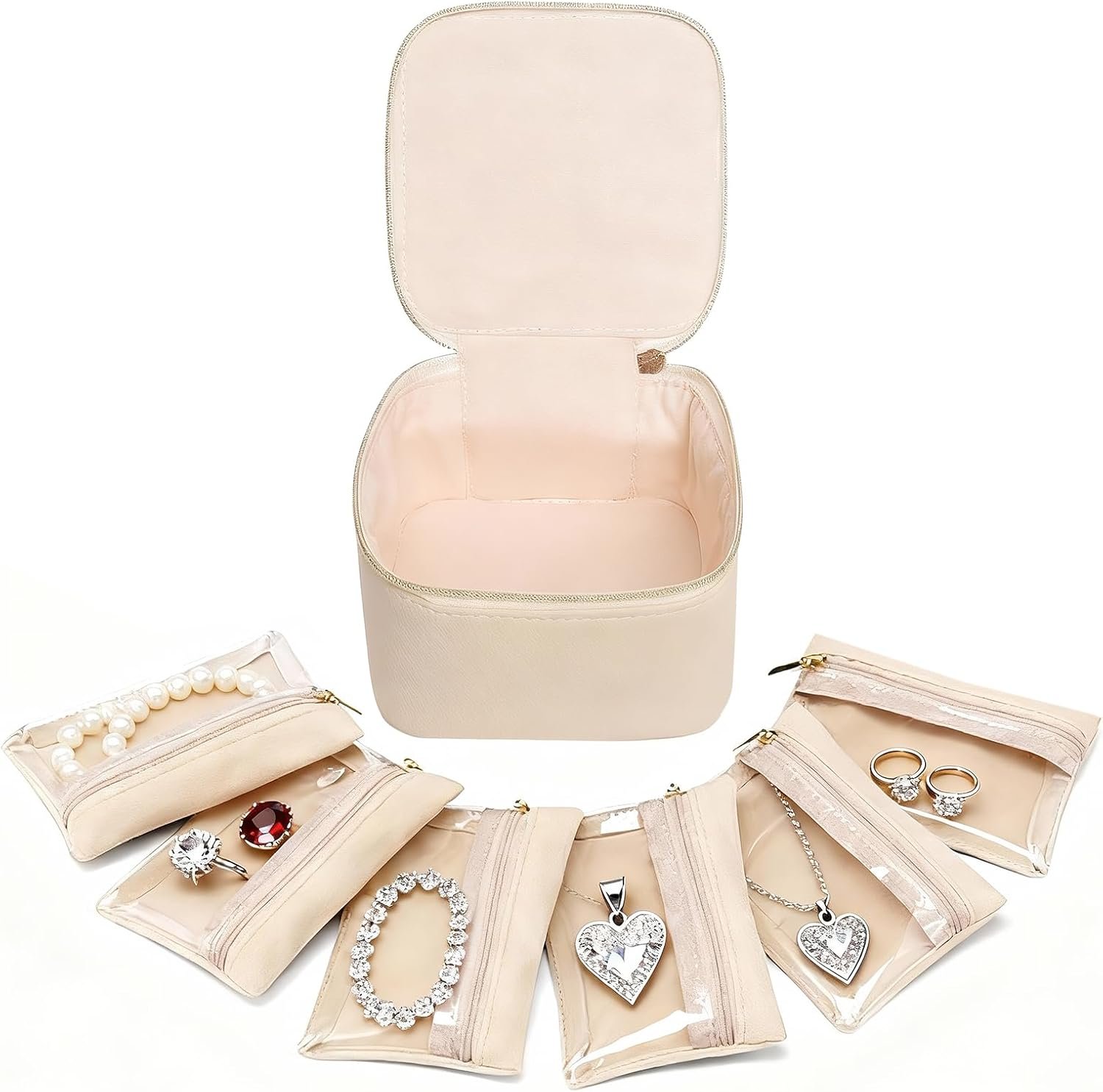 Manufacturer of Small Travel Jewelry Case Custom Logo Organizer Box with 6 Velvet Zipper Pockets Private Label Portable Storage Bag for Rings Earrings Necklaces Birthday Gifts for Women