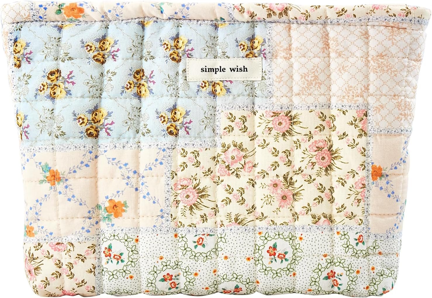 Custom Logo Floral Makeup Bag Pouch Large Capacity - Private Label Quilted Cosmetic Organizer for Travel Daily Aesthetic Cottagecore Cotton Toiletry Bag with Zipper Portable Gift for Women Direct Manufacturer (Blue Floral-L)