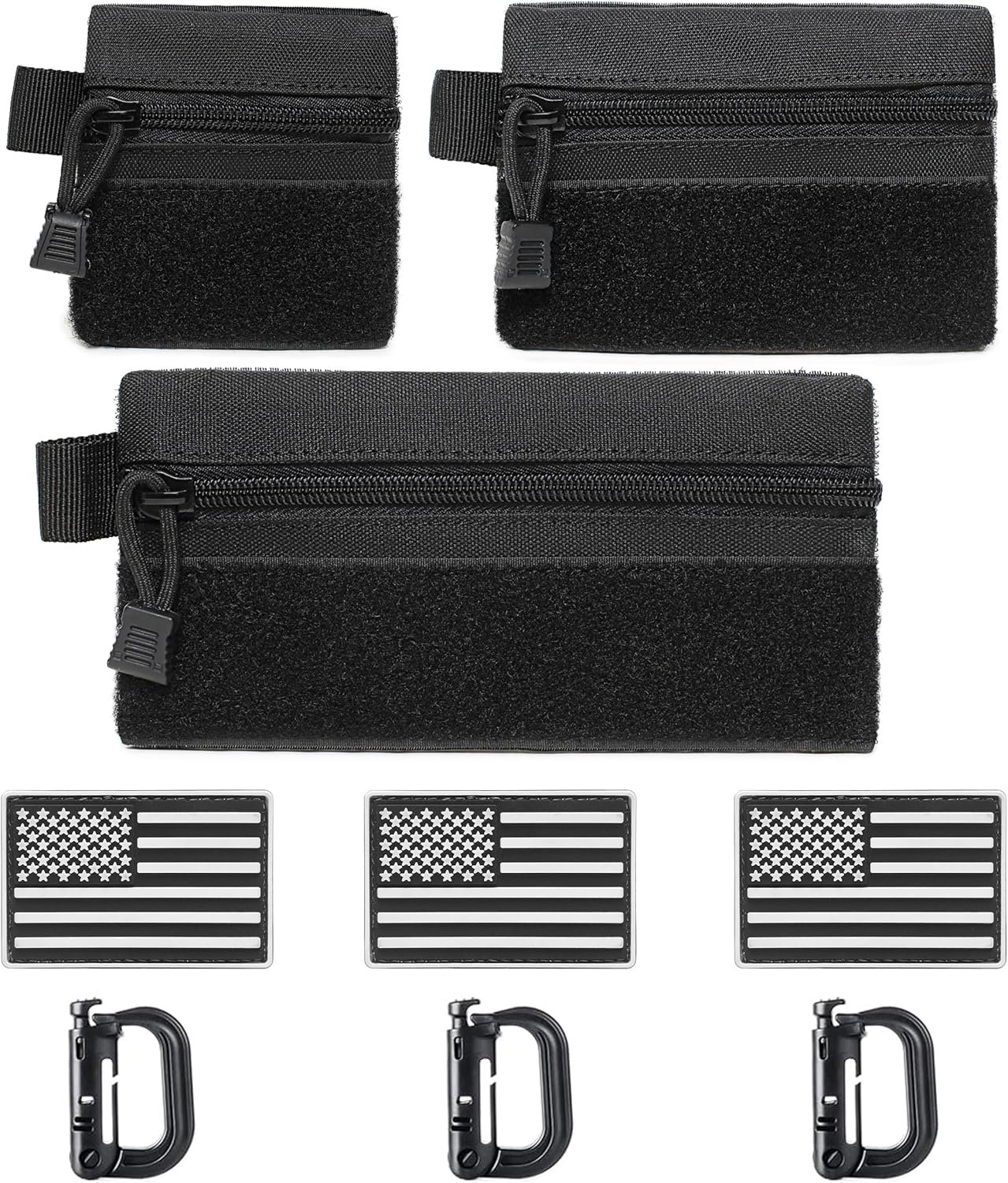 Private Label 3 Pieces Mini Tactical Tool Zipper Pouch with US Patches D-Ring Clips Manufacturer Expansion EDC Organizer Bag Insert Utility Storage Hook Fasteners for Vest Backpack Custom Logo