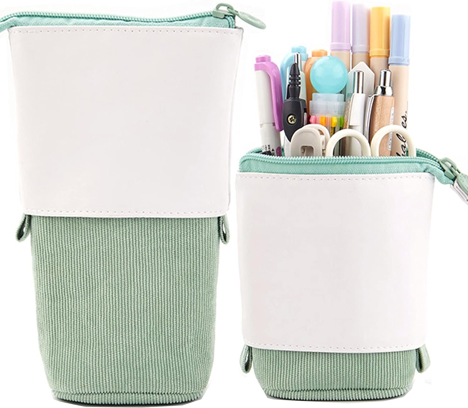 Manufacturer Telescopic Pencil Bag Pen Holder Stationery Case, Custom Logo PU Corduroy Stand-up Retractable Transformer Bag Colorful Organizer, Private Label Great for Christmas Holiday (Green)
