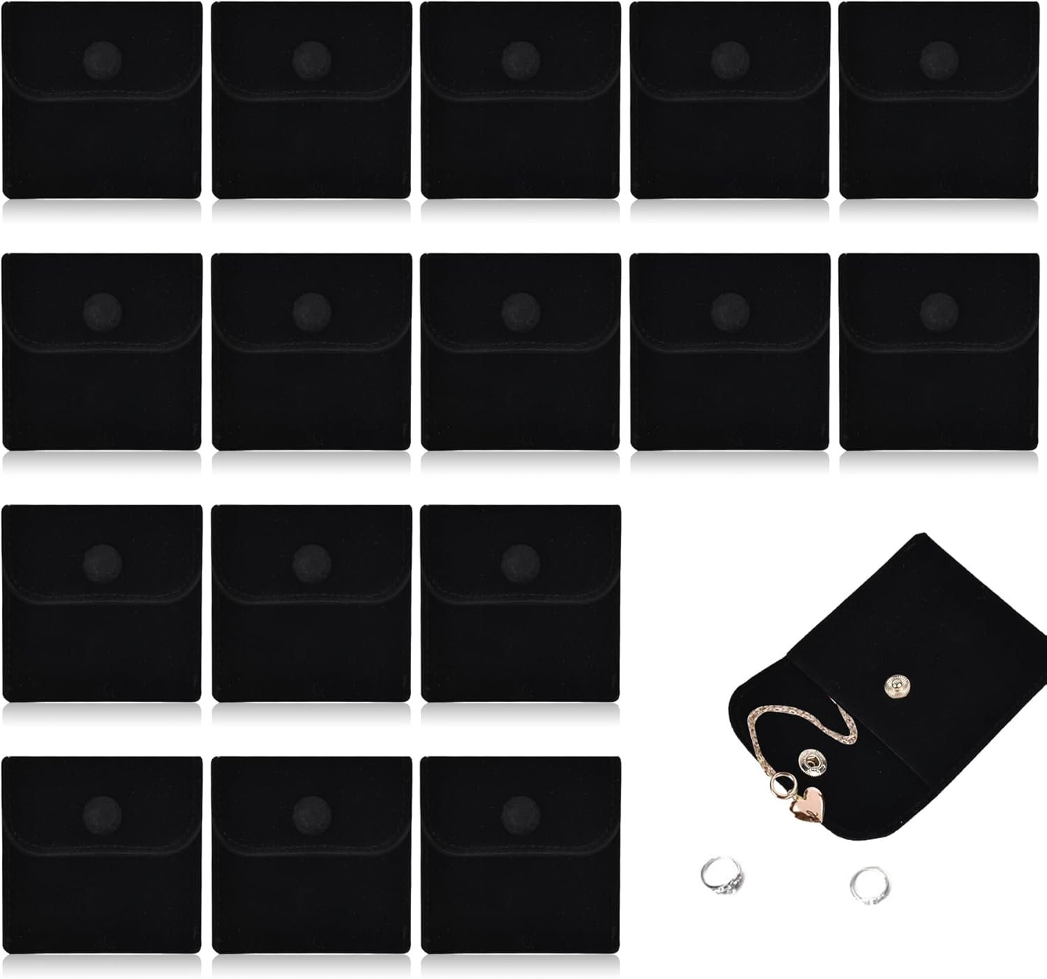 Private Label 20PCS Custom Logo Small Microfiber Velvet Snap Button Jewelry Pouches for Rings Bracelets Necklaces Earrings Black Manufacturer