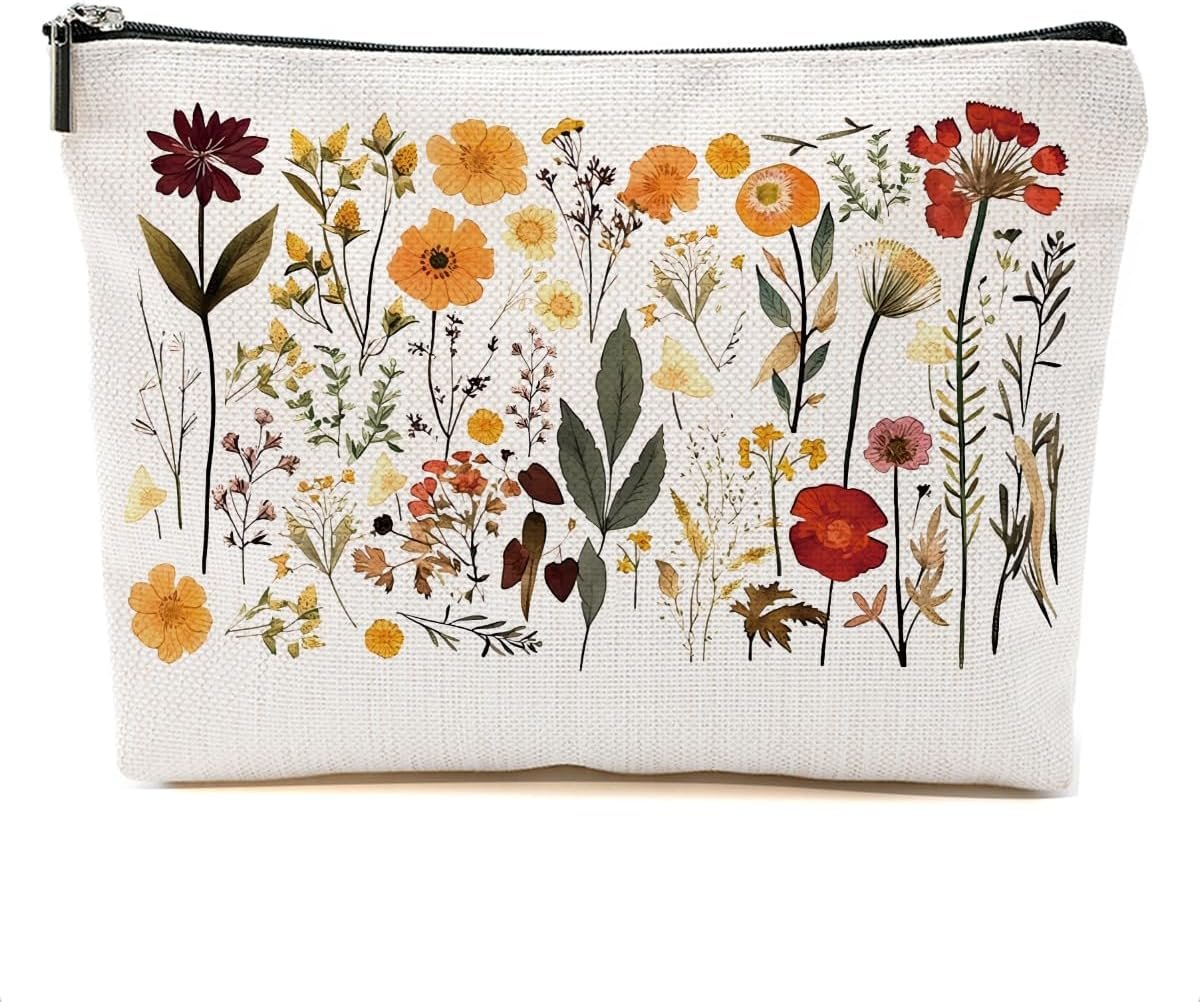 Private Label Vintage Wildflower Makeup Bag, Custom Logo Floral Cosmetic Pouch for Plant Lovers, Factory Zipper Skincare Bag Gifts for Women Girls Aunt Friends Bestie Christmas Thanksgiving Birthday