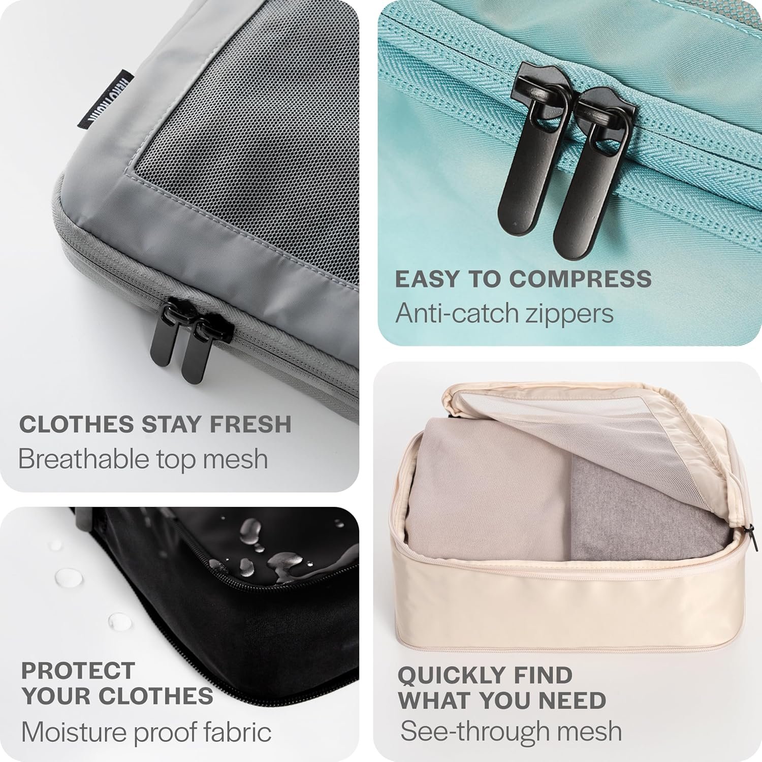 Factory Compression Packing Cubes for Travel - Custom Logo Luggage Organizer Bags - Private Label Double Zipper Suitcase Packing Cubes 4-Pack Light Grey