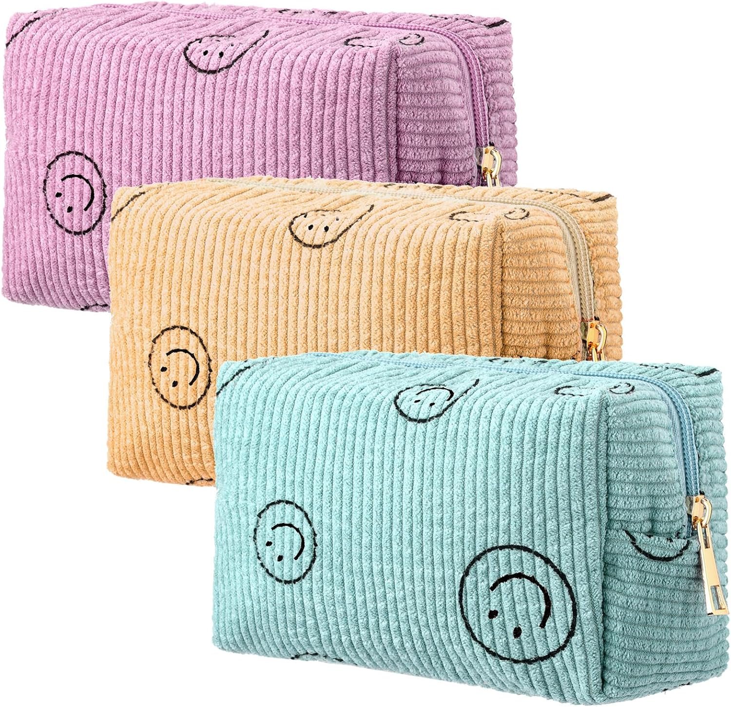 Private Label 3 Pcs Corduroy Cosmetic Bags Smile Face Aesthetic Preppy Pencil Pouch Purse Custom Logo Travel Beauty Makeup Organizer Manufacturer for School Christmas Women Holiday Gifts Classic Pink Yellow Green