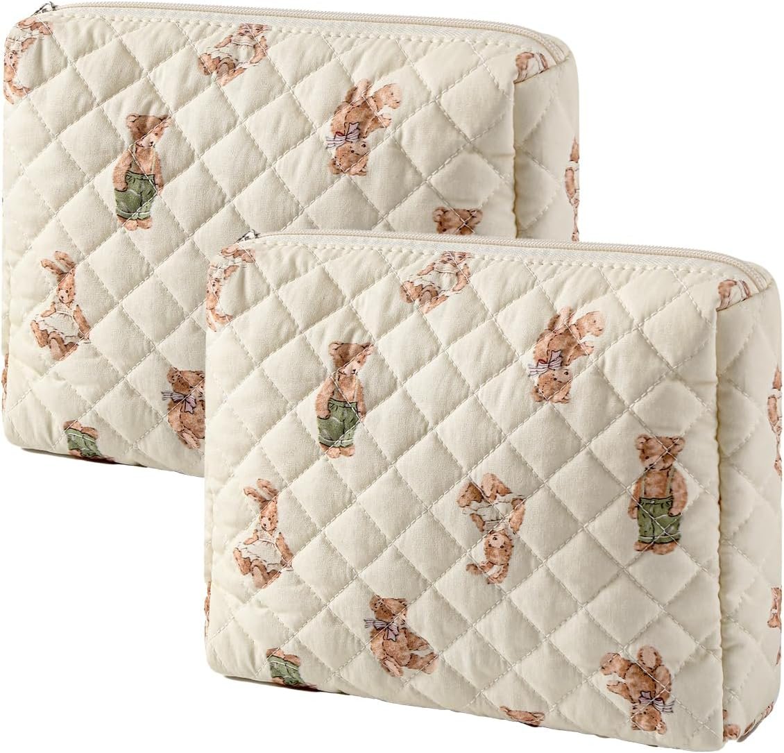 Custom Logo Quilted Cotton Makeup Bag 2Pcs, Private Label Large Soft Floral Coquette Cosmetic Travel Toiletry Bag Manufacturer for Women and Girls