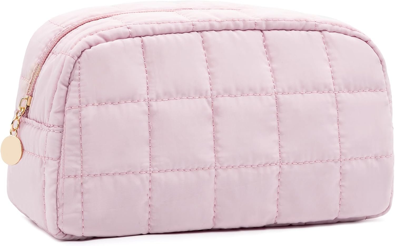 Custom Logo Quilted Puffy Travel Makeup Toiletry Bag - Private Label Organizer with Compartments Wide-Open Cosmetic Pouch Purse for Women Pink Factory Direct
