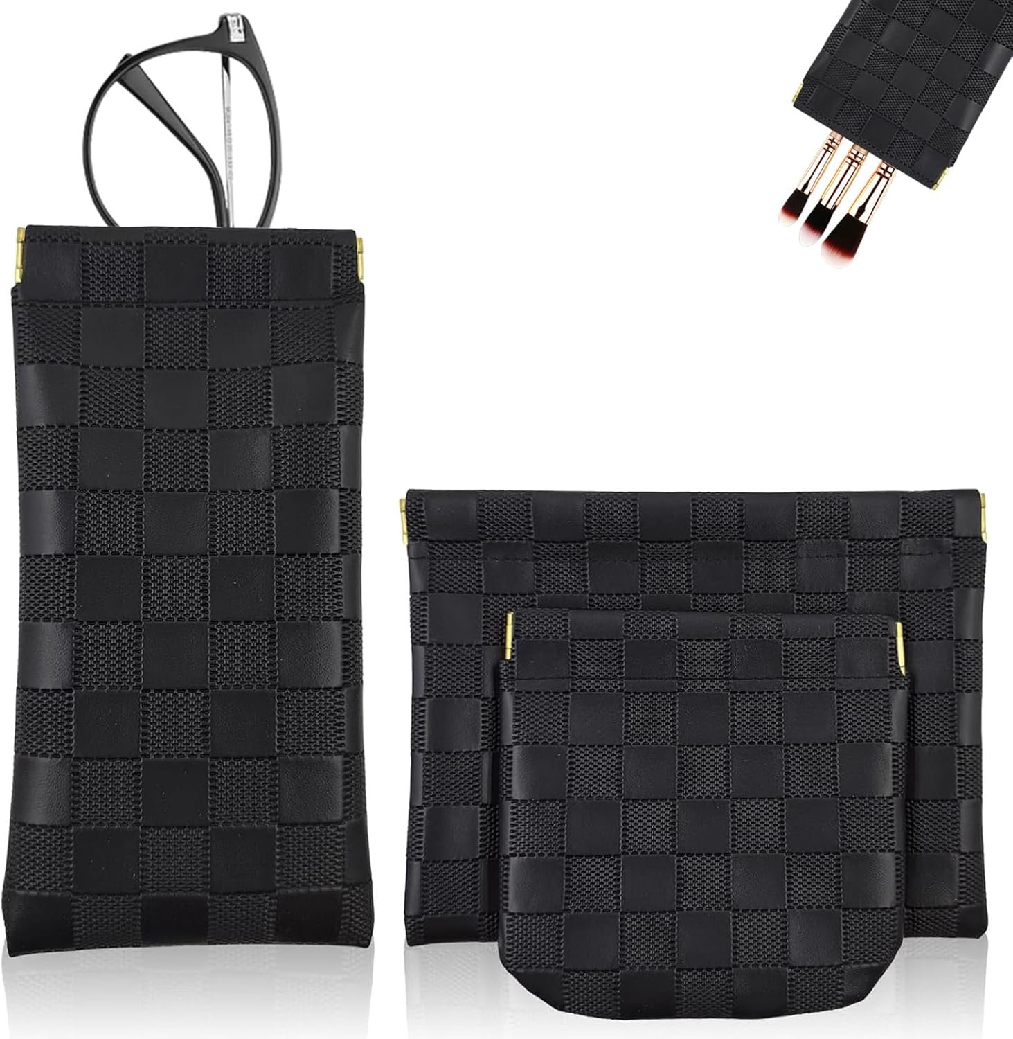 Private Label 3Pcs Small Makeup Bags for Purse, Waterproof Portable Checkered Leather Cosmetic Pouches Manufacturer Snap Closure Coin Purse Organizers Custom Logo for Women Black