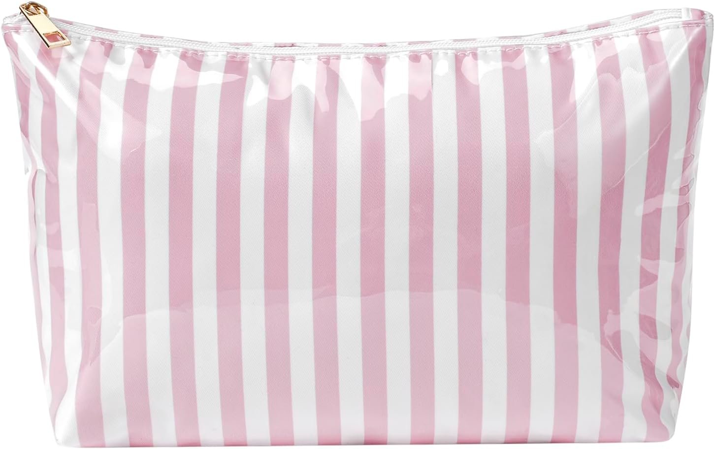 Private Label Large PVC Waterproof Striped Makeup Bag Custom Logo Clear Coated Cosmetic Organizer Easy Clean Zipper Pouch Beach Vacation Essentials Manufacturer Pink Stripe for Women Girls