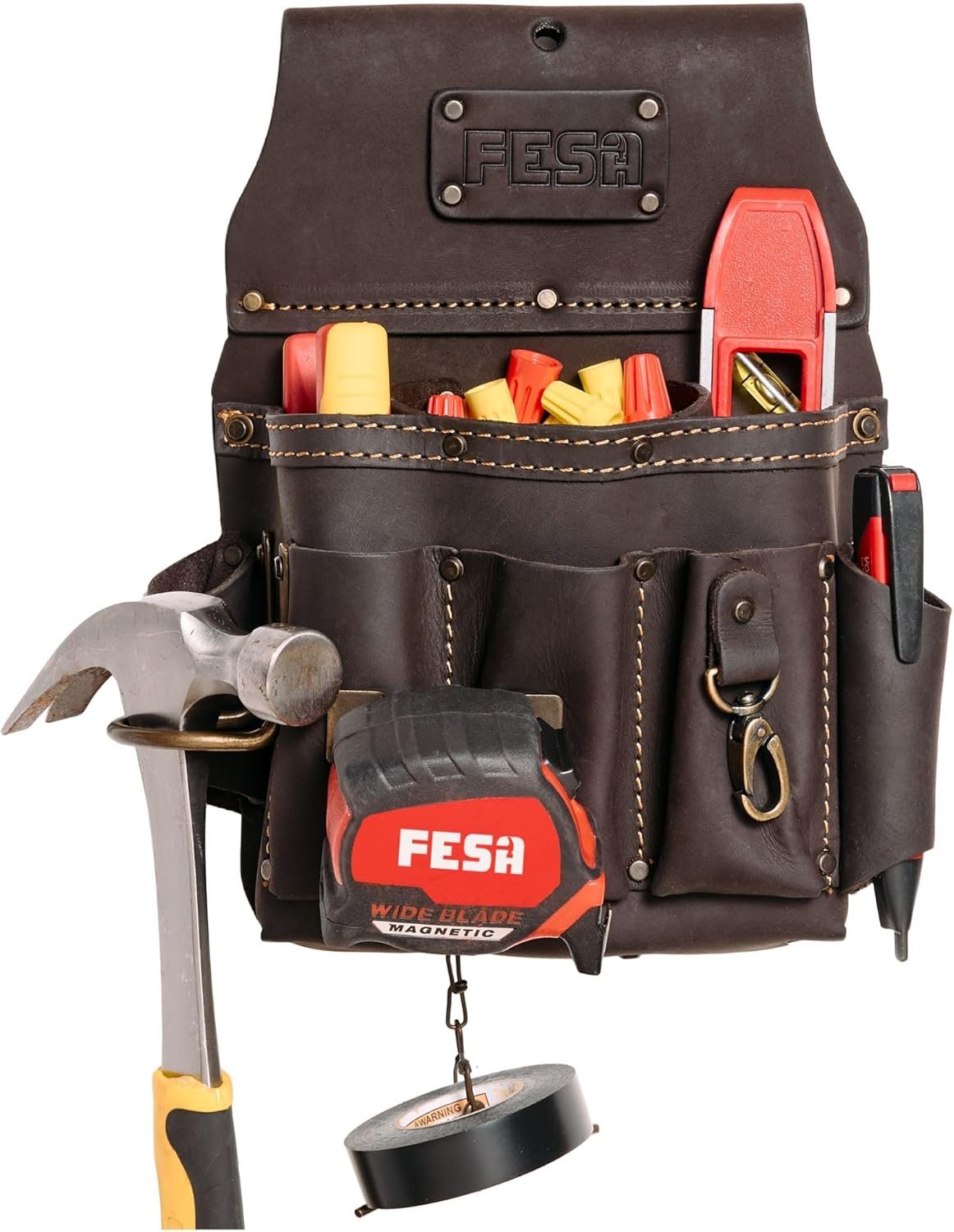 Private Label 13-in-1 Top Grain Leather Electrician Tool Pouch w/Steel Hammer Loop Tape Measure Clip Tape T-Chain 6 Pockets Custom Logo Fits Belts up to 3" Manufacturer