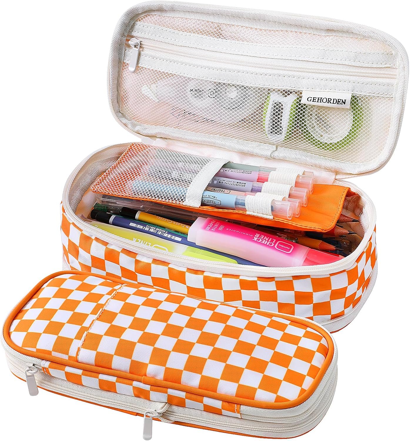 Private Label Orange Checkered Pencil Pouch with Custom Logo Zipper for Teens Girls Students Back to School Manufacturer