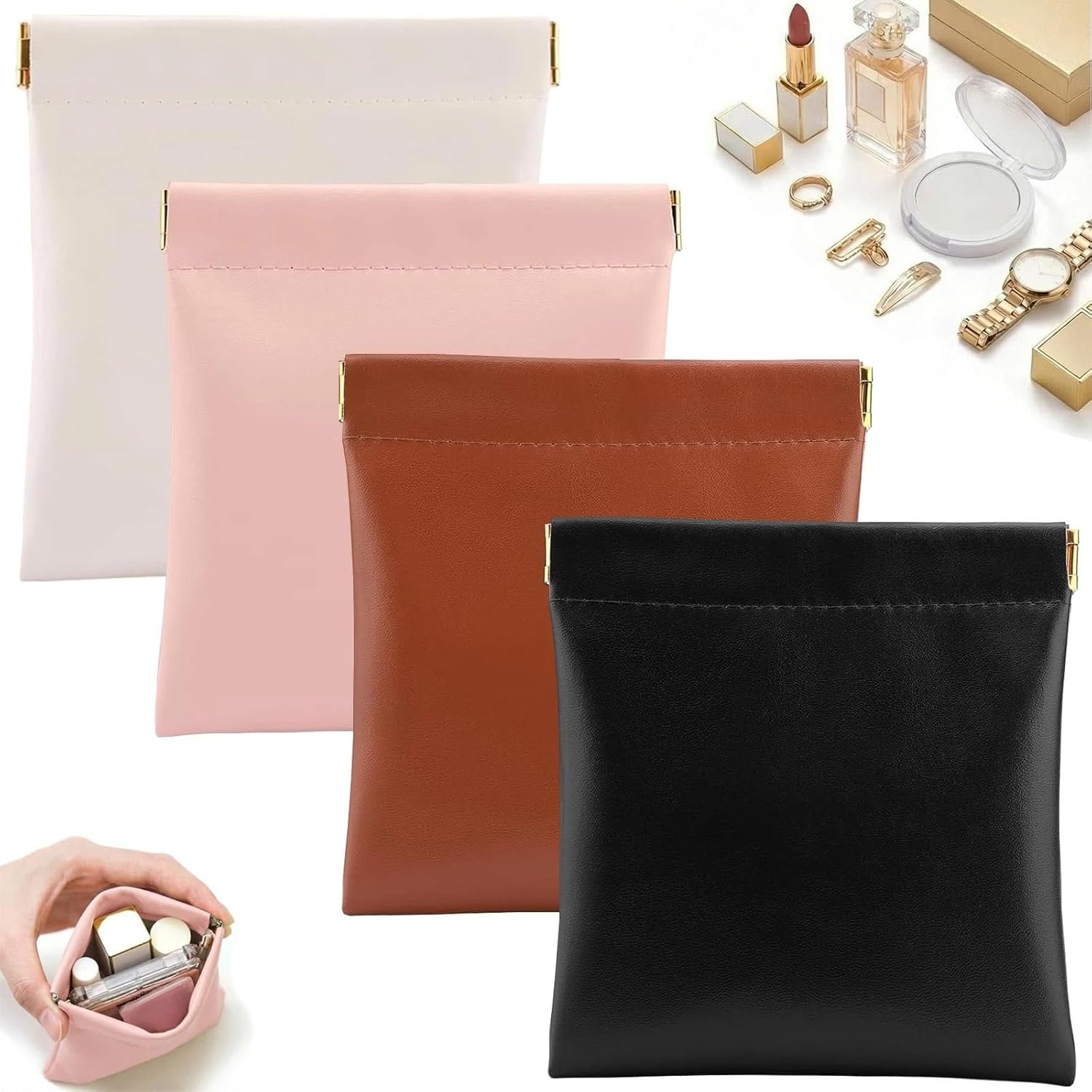 Private Label 4Pcs Small Lambskin Leather Cosmetic Makeup Coin Purse Organizer Pouches for Purse Custom Logo Snap Closure Waterproof Portable Lipstick Bags Manufacturer