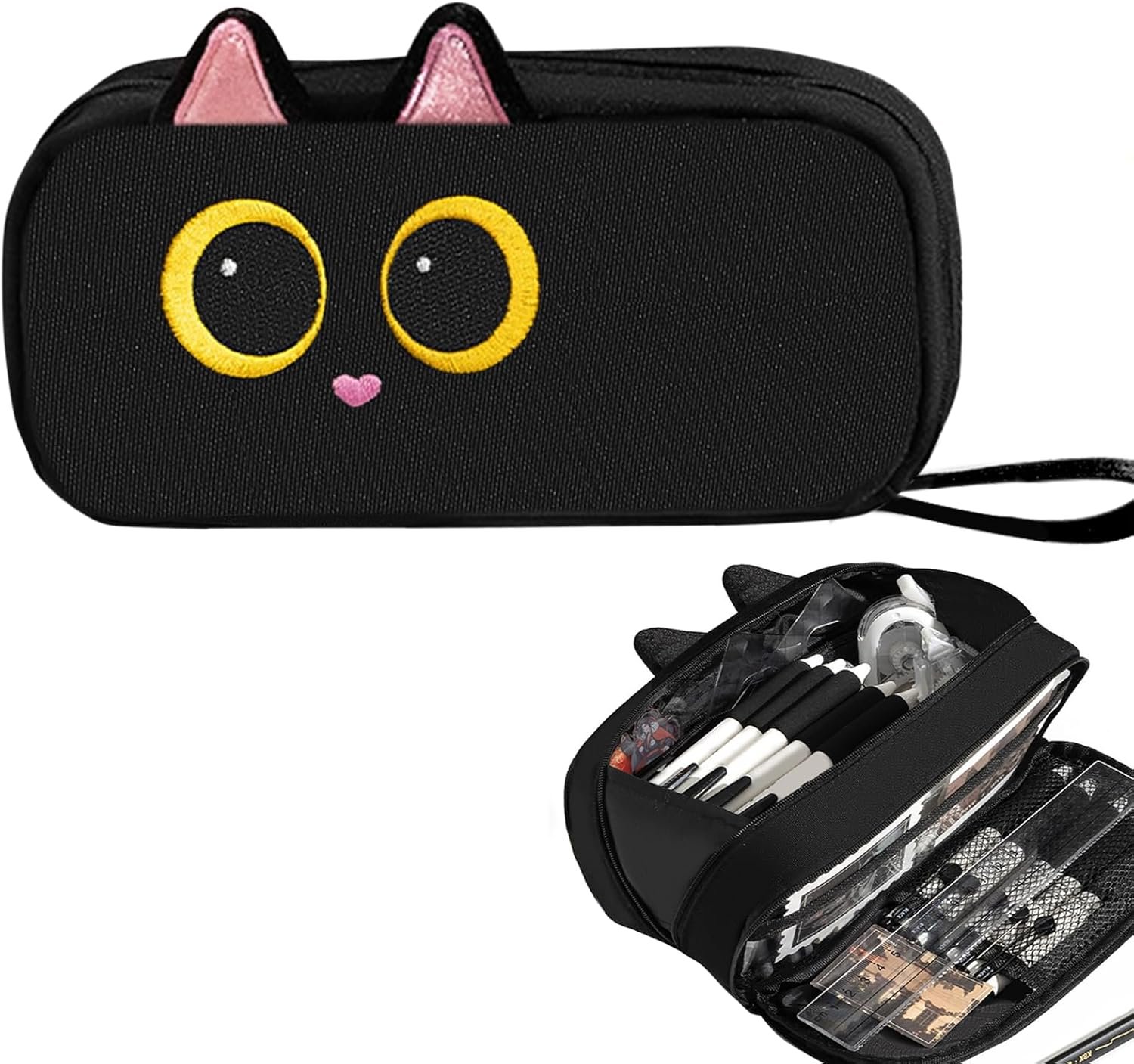 Private Label Large Capacity Pencil Case Pouch Custom Logo Embroidered Black Cat Design Portable School Supplies Bag Manufacturer for Kids Teens Students Gift for Girls
