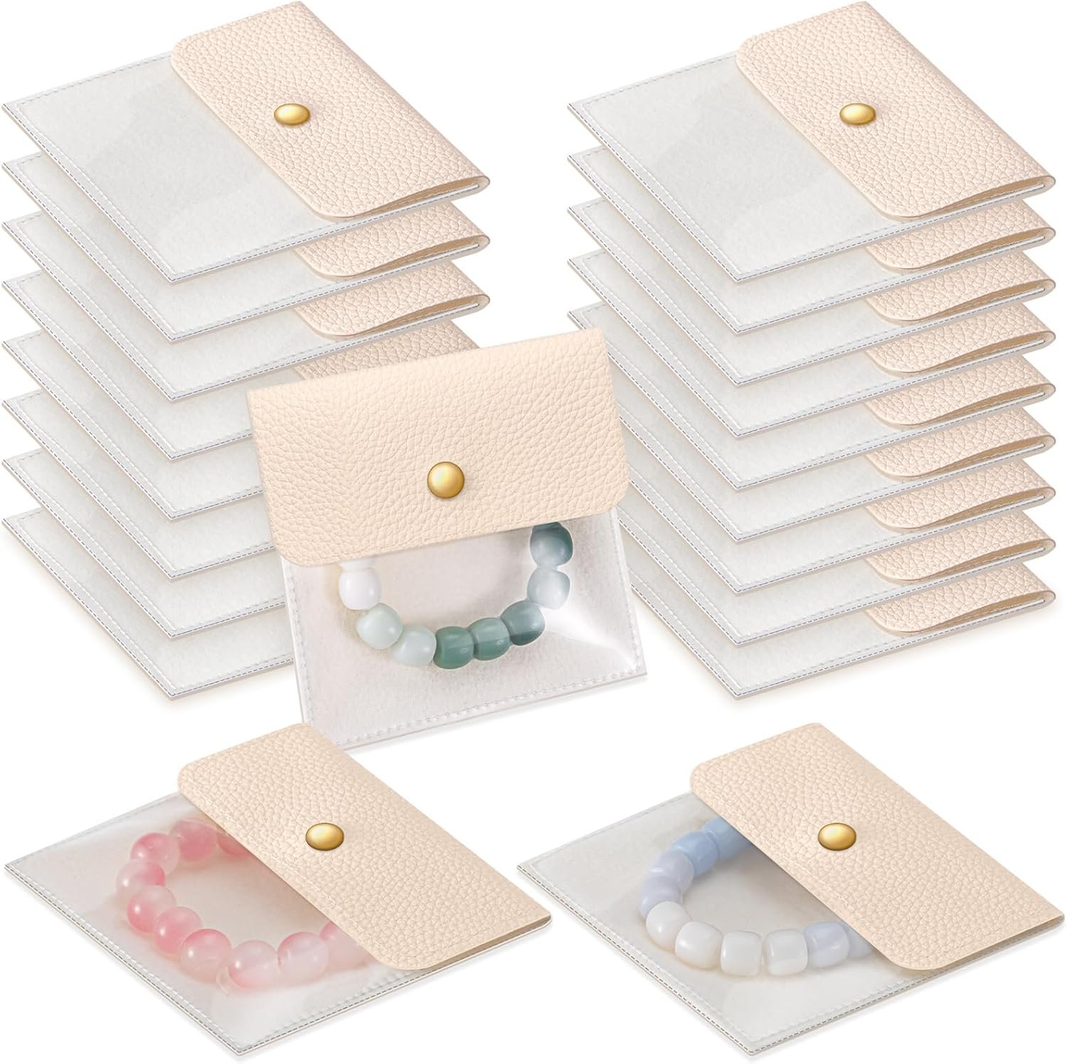 Private Label 18 Pcs 4 x 4 Inch Small Velvet PU Leather Jewelry Travel Pouches with Custom Logo Organizer Bags Manufacturer Beige