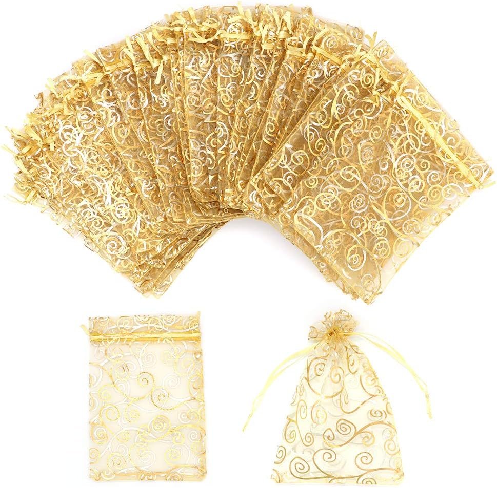 Custom Logo Gold Sheer Organza Gift Bags 100Pcs 4x6 Inch Private Label Mesh Drawstring Favor Bags Rattan Printed Pouches for Wedding Party Bridal Shower Christmas Candy Jewelry Manufacturer