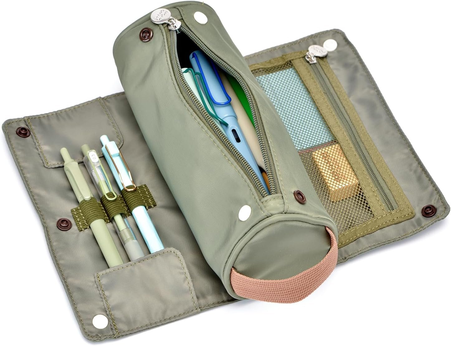 Private Label Large Capacity Pencil Case Roll Up Design Custom Logo Multifunctional Pencil Holder Pouch Stationery Pen Bag Manufacturer for Teen Girls and Boys Camping Style Green