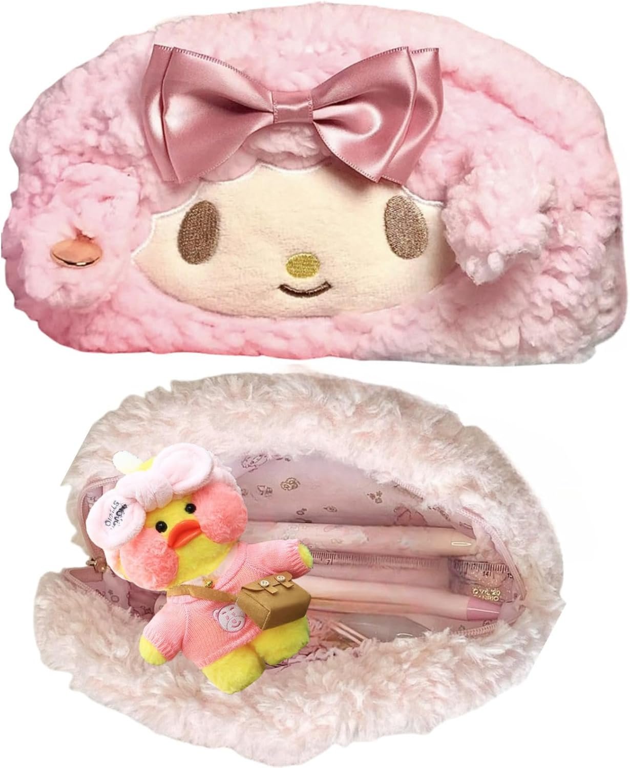 Private Label Cute Bow Lamb Large Capacity Plush Pencil Case Custom Logo Sweet Pen Holder Aesthetic Strawberry Pink Pouch Manufacturer