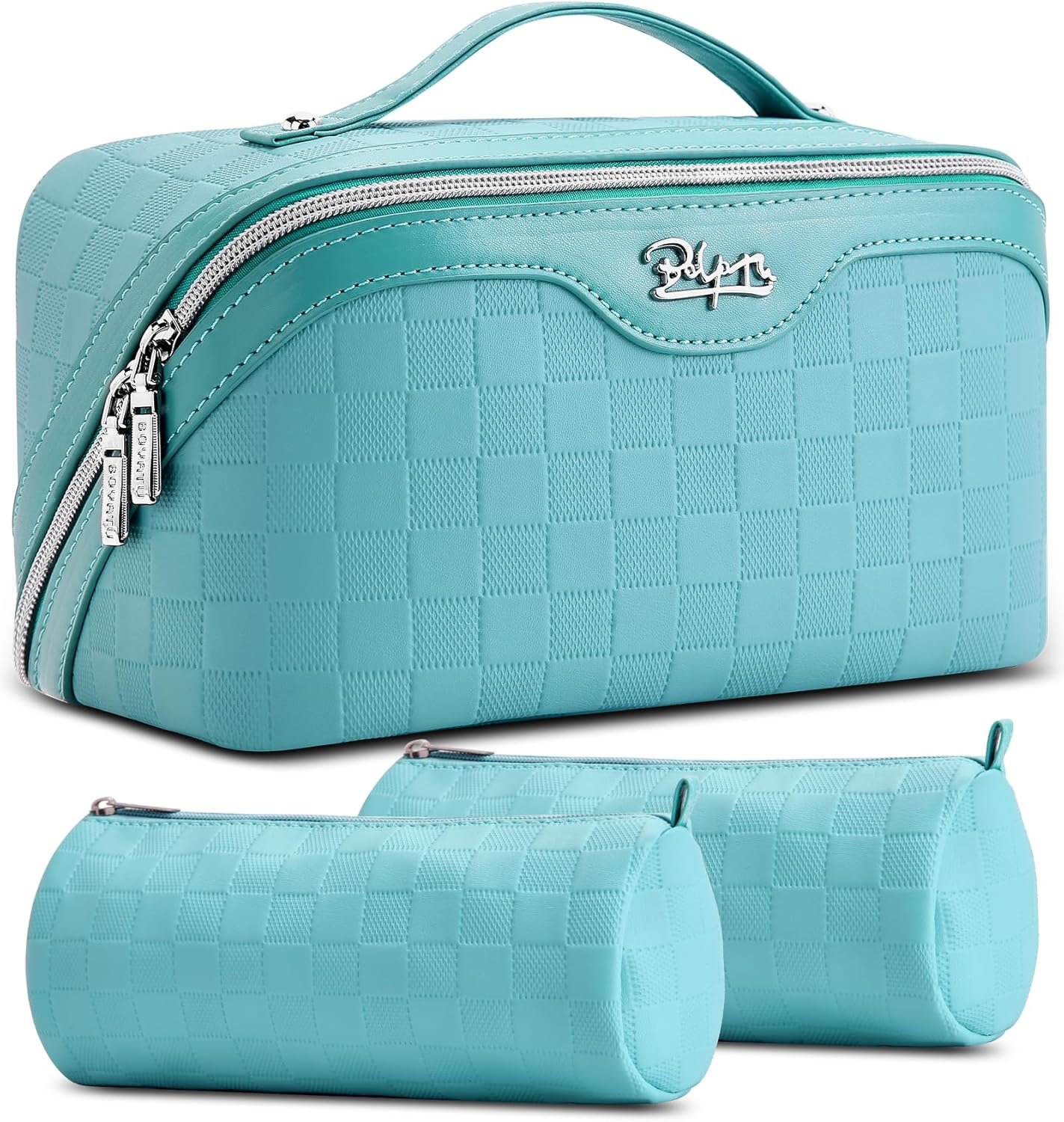 Manufacturer 3 Pcs Travel Makeup Bag Organizer Cosmetic Toiletry Bags for Women with Handle Waterproof Vegan Leather Private Label with Compartments Custom Logo (01-C-Blue)