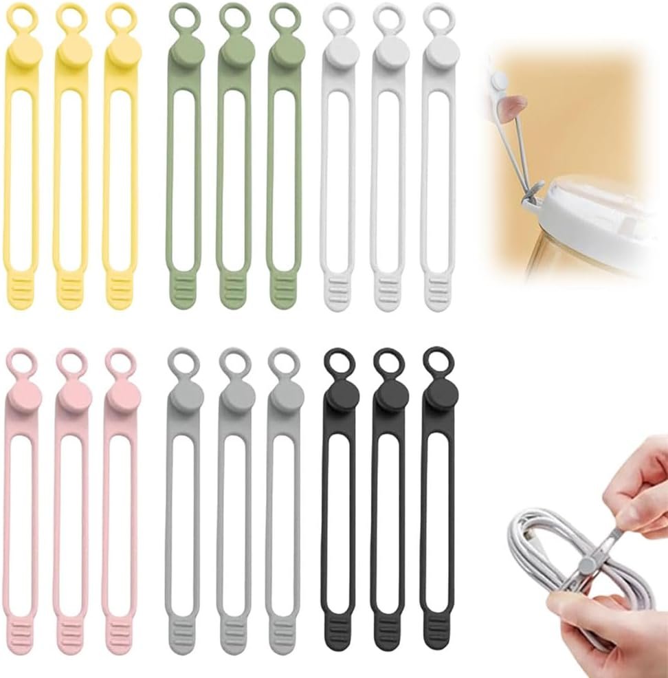 Custom Logo 18 Pcs Silicone Cable Ties Reusable Data Cable Organizers Private Label Wire Organizers Manufacturer Multipurpose Elastic Cord Wraps Cable Management for Home Office School Travel Essentials