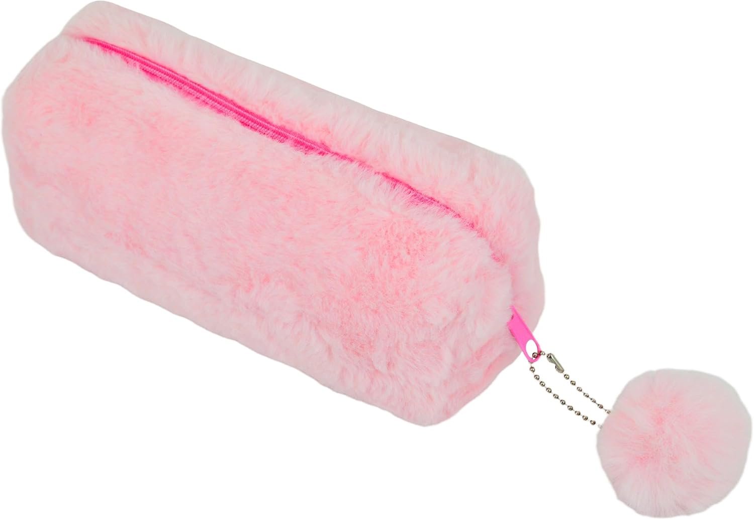 Private Label Cute Fluffy Faux Fur Pink Pencil Pouch Bag Pen Case, Soft Plush Organizer with Zipper Pom Pom Charm and Custom Logo, Kawaii Stationery Manufacturer for Girls
