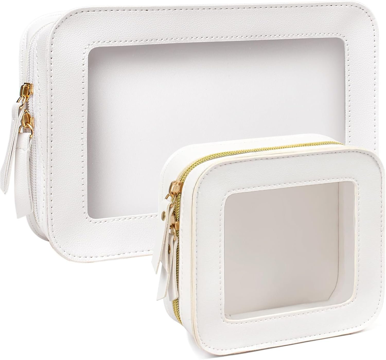 Custom Logo 2 Pcs Small Clear Waterproof Makeup Bag Set with Zipper, Private Label Travel Cosmetic Case Mini Pouch for Women Car Organizer Essentials (White), Manufacturer
