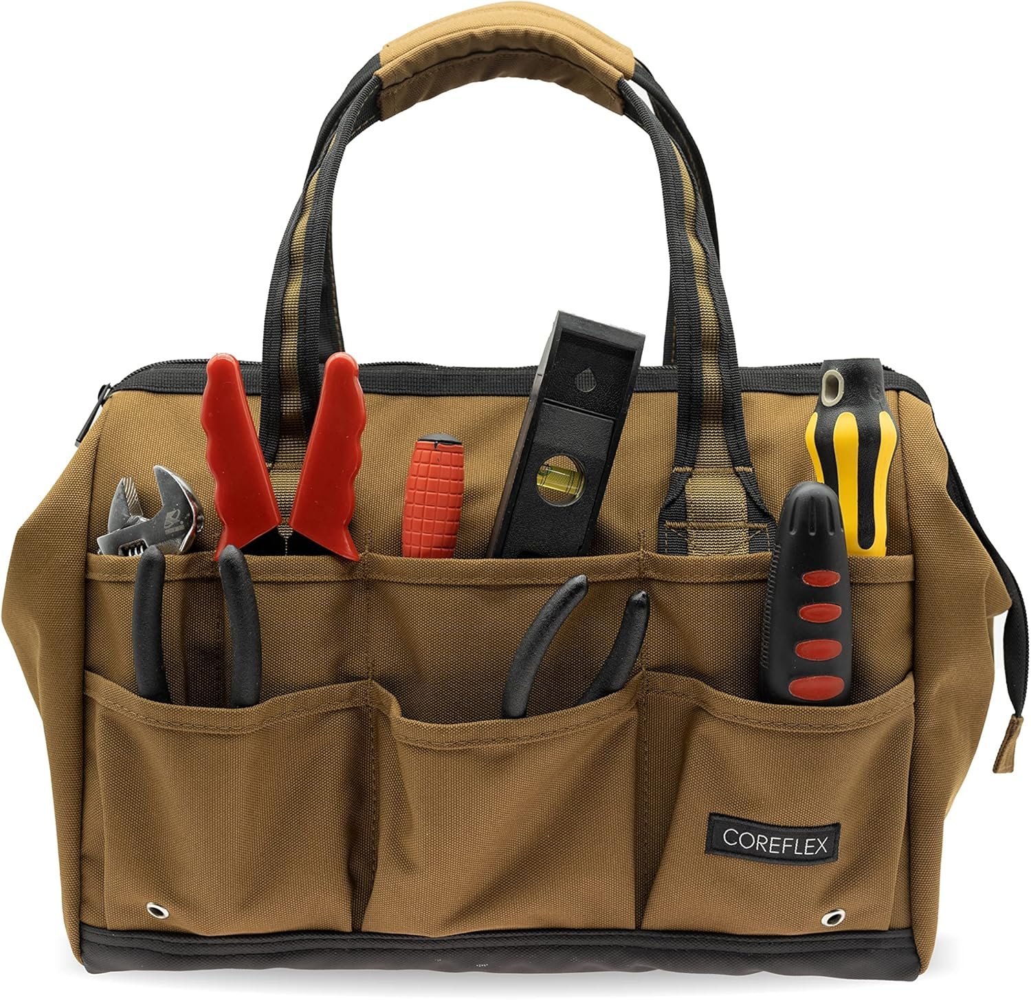 Private Label 14 Inch Wide-Mouth Tool Bag Custom Logo Multi-Purpose Gear Bag for Plumbers Electricians Handymen Daily Office Camping Manufacturer Tan