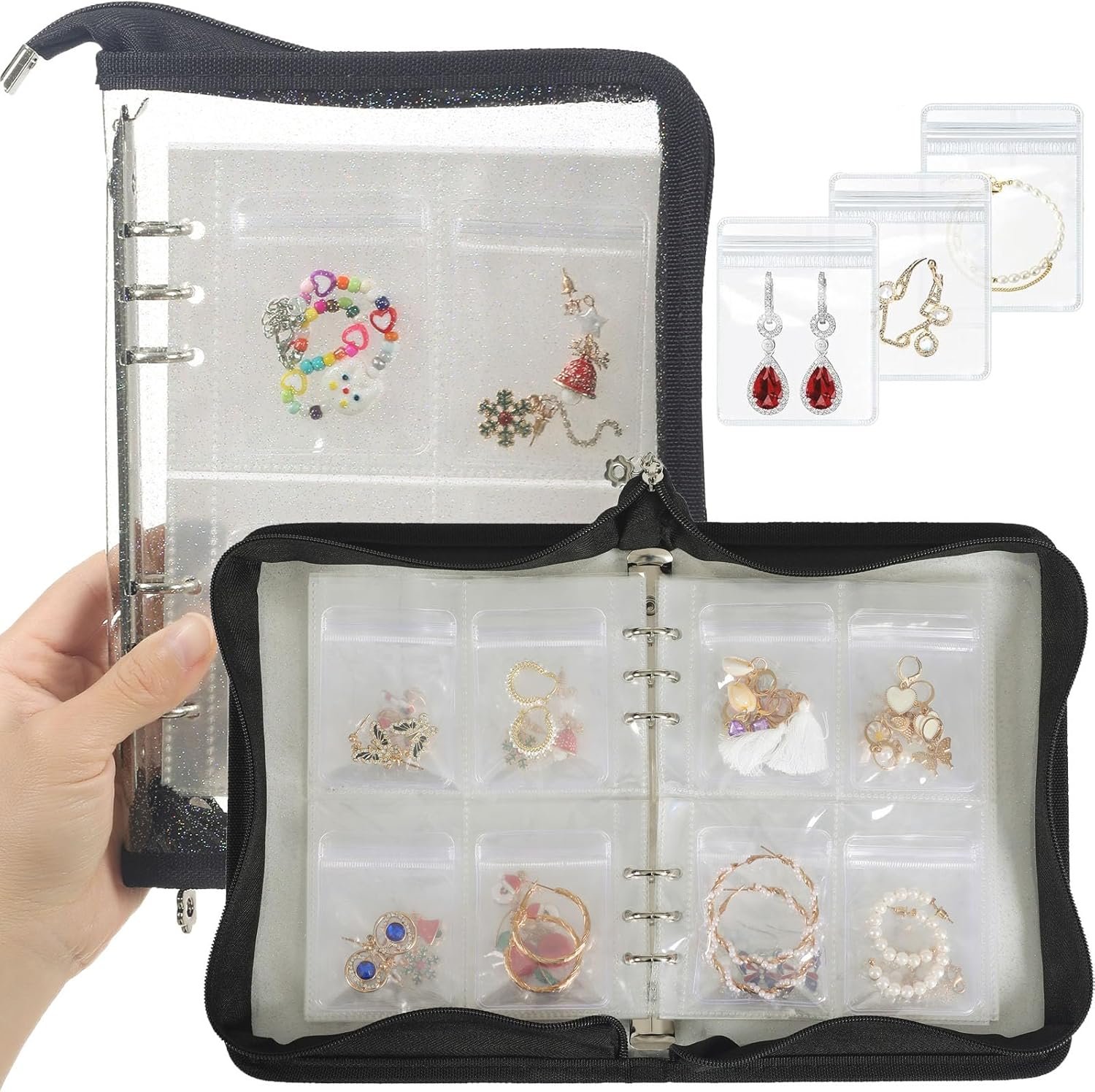 Custom Logo Clear Travel Jewelry Organizer Book Private Label Transparent Earring Organizer with Zipper Pouch Bags Black with 80 PCS Small Jewelry Bags Supplier