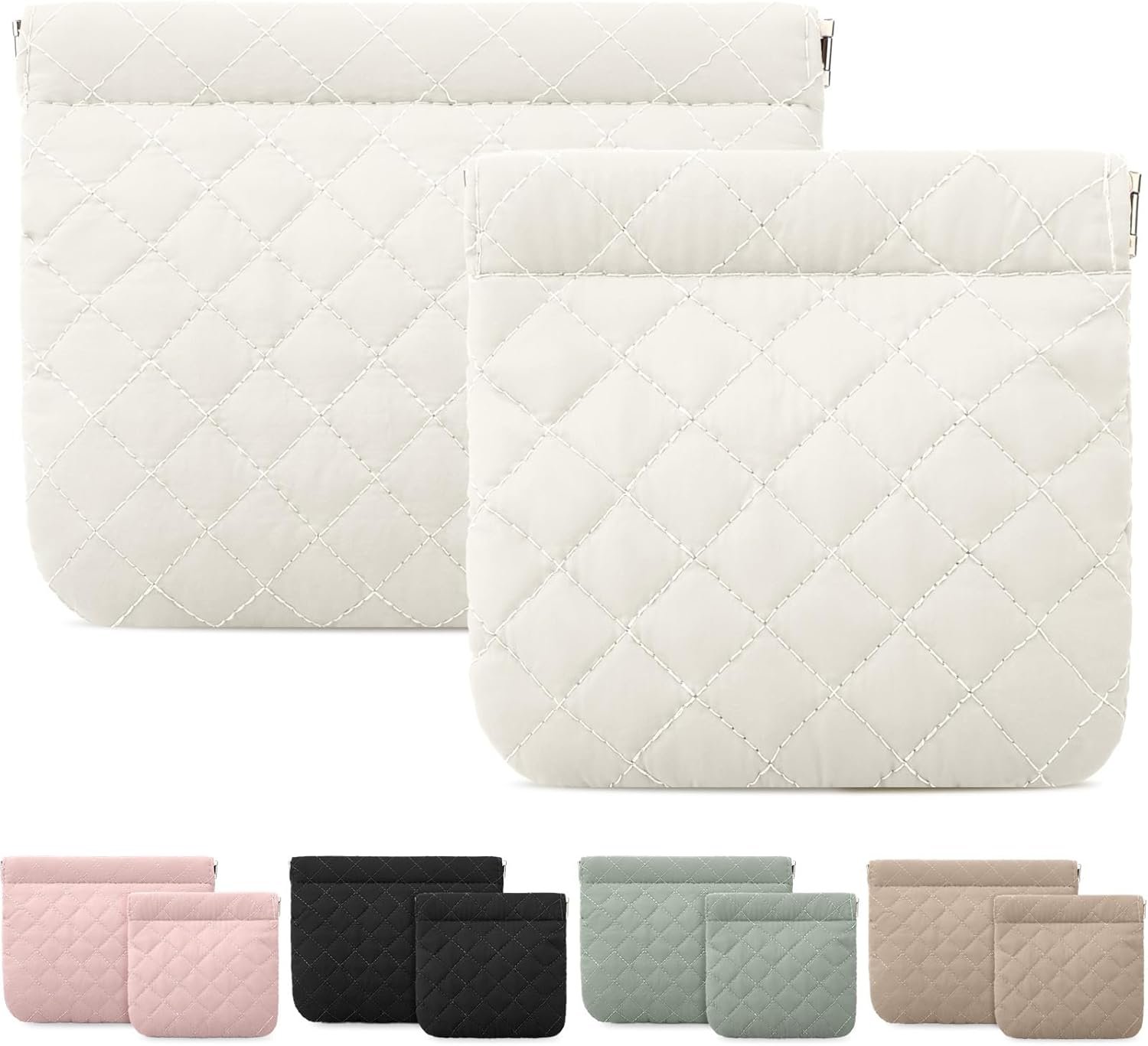 Manufacturer 2 Pcs Small Puffy Pocket Makeup Bag Quilted Cosmetic Bag Organizer for Women Custom Logo Padded Squeeze Coin Lipstick Purse Pouch Travel Self-Closing Snap Closure No Zipper Private Label White