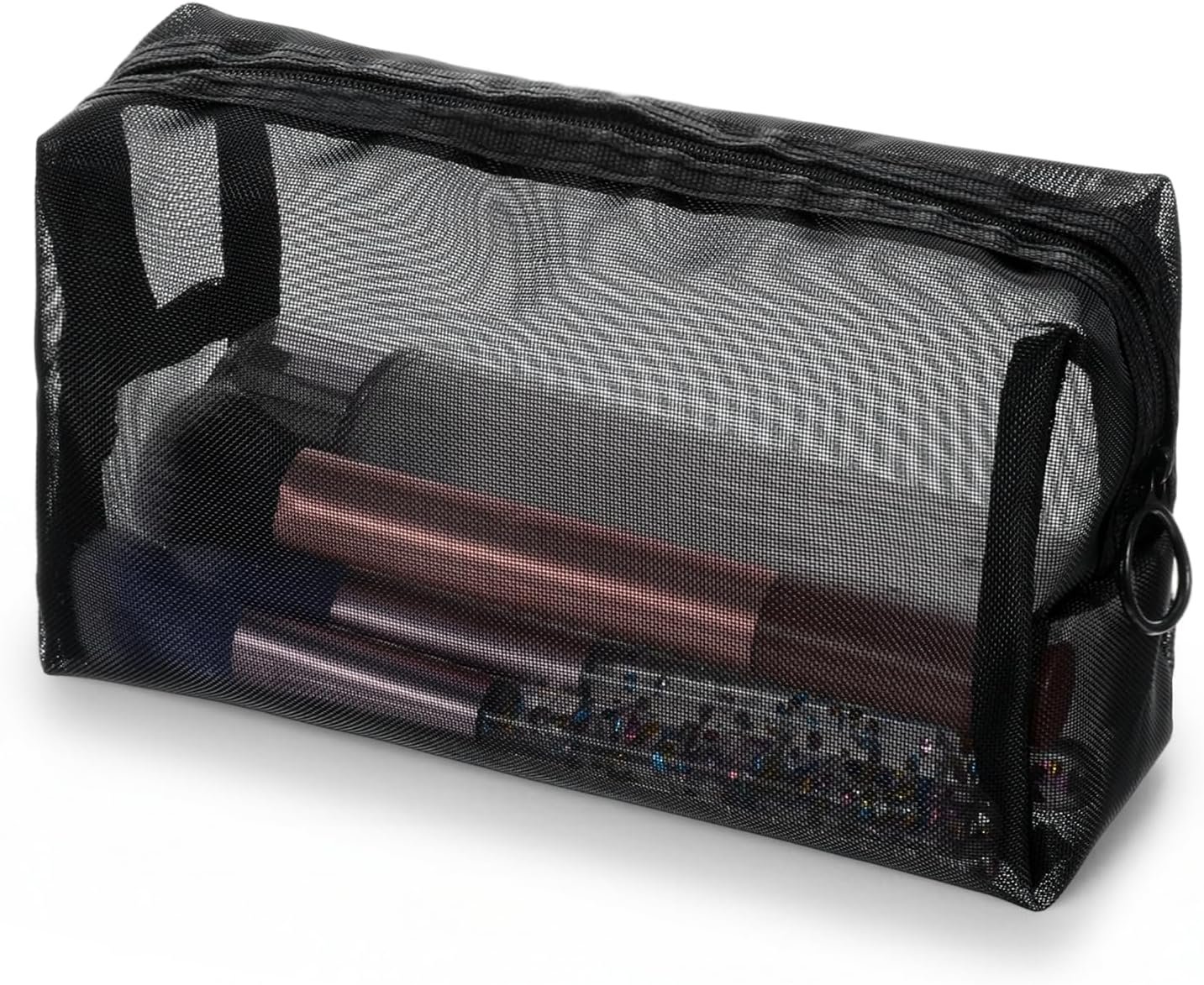 Private Label Mesh Makeup Bags Portable Zipper Nylon Cosmetic Pouch Lightweight Home Office Travel Accessories Custom Logo Black Square Manufacturer