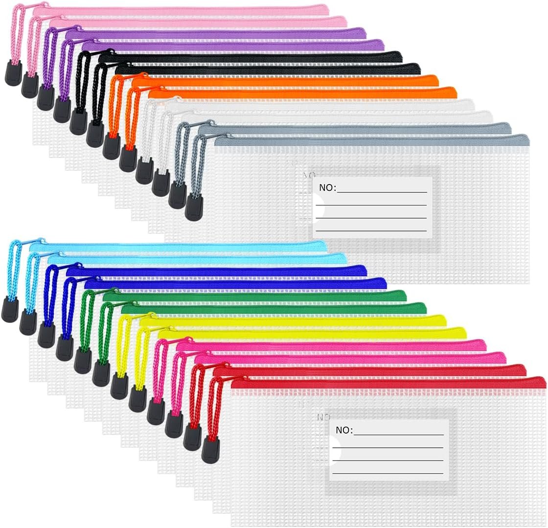 Custom Logo 24pcs 9.3x4.7 Inch Small Mesh Zipper Pencil Pouch Bags with Label Pocket Private Label for School Office Supplies Plastic Zip Bill Bags Supplier for Home Travel Storage Organizing