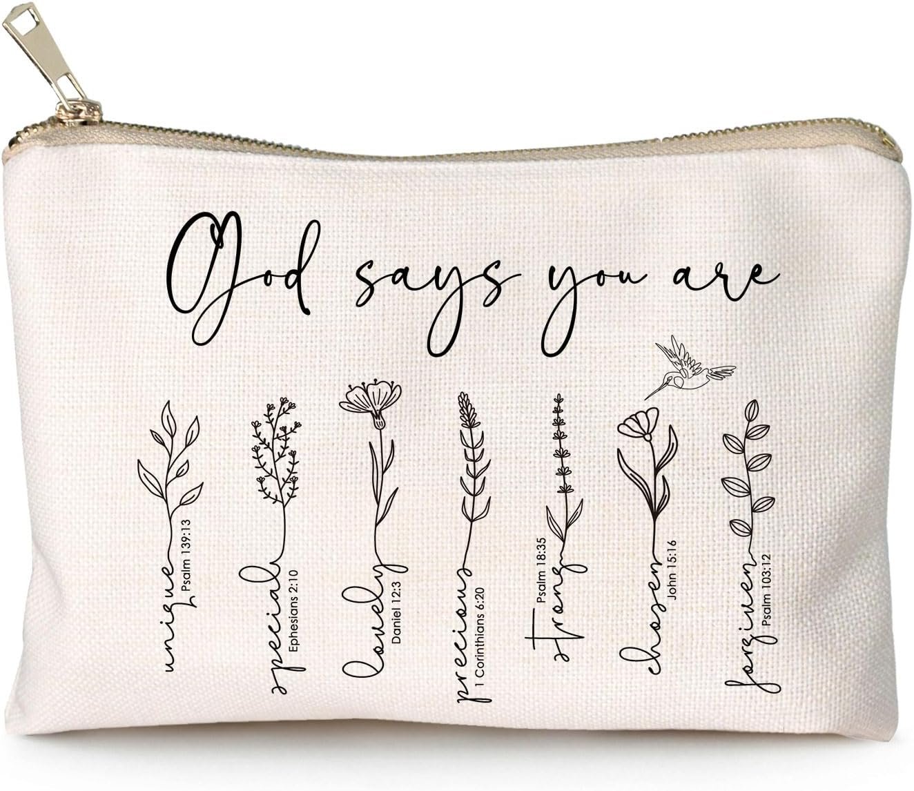 Custom Logo God Says You Are Cosmetic Bag Christian Bible Verse Floral Makeup Case for Women Private Label Inspirational Christmas Affirmations Gift Manufacturer