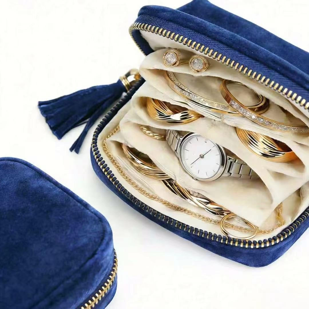 Custom Logo Small Travel Jewelry Case for Women - Manufacturer 5-Layer Velvet Zipper Organizer Pouch - Private Label Anti-Scratch Portable Bag for Bracelets Rings Earrings Necklaces (Ocean Blue)