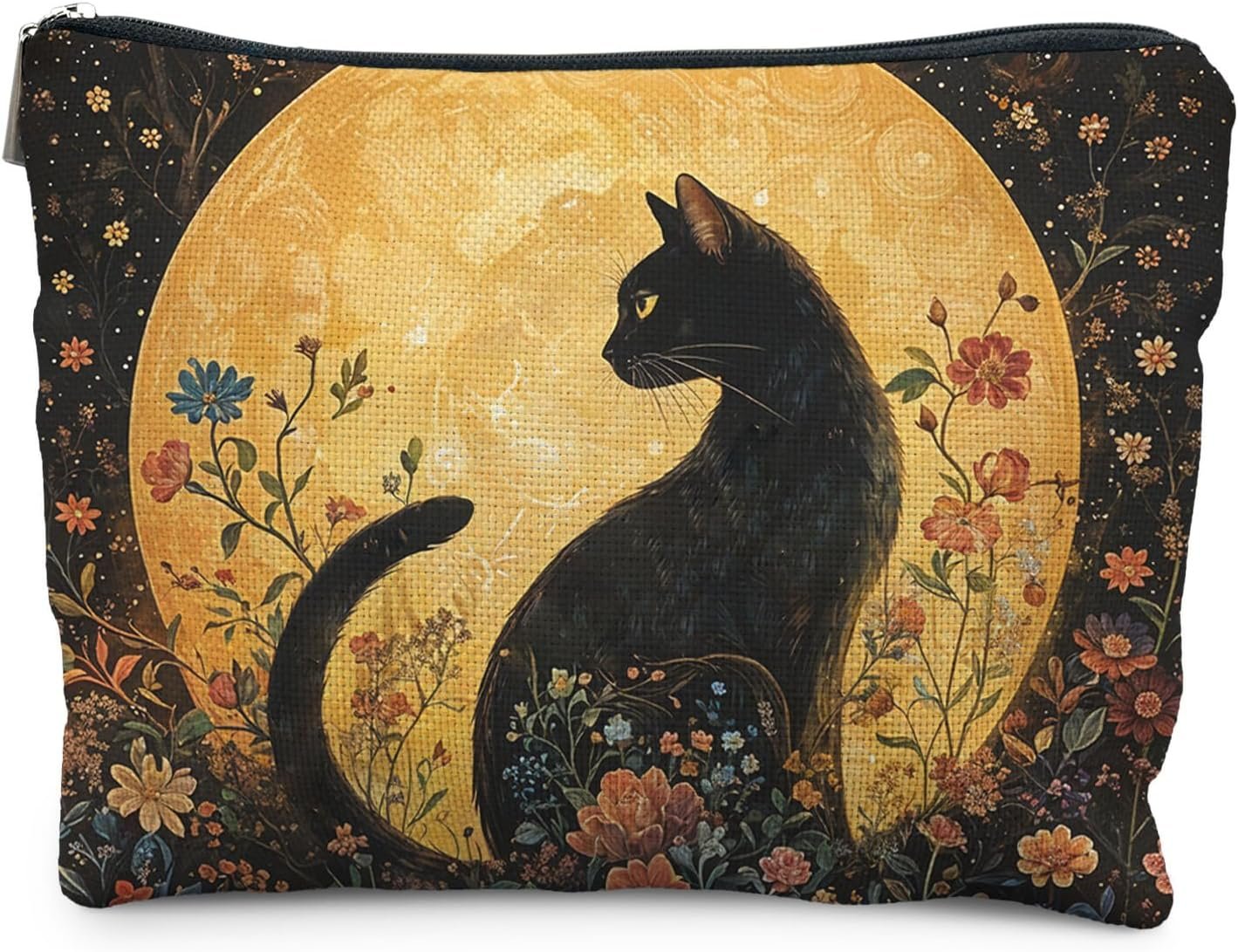 Private Label Witchy Floral Black Cat Makeup Bag for Women Custom Logo Full Moon Dark Cottagecore Cosmetic Zipper Pouch Mysterious Gothic Manufacturer