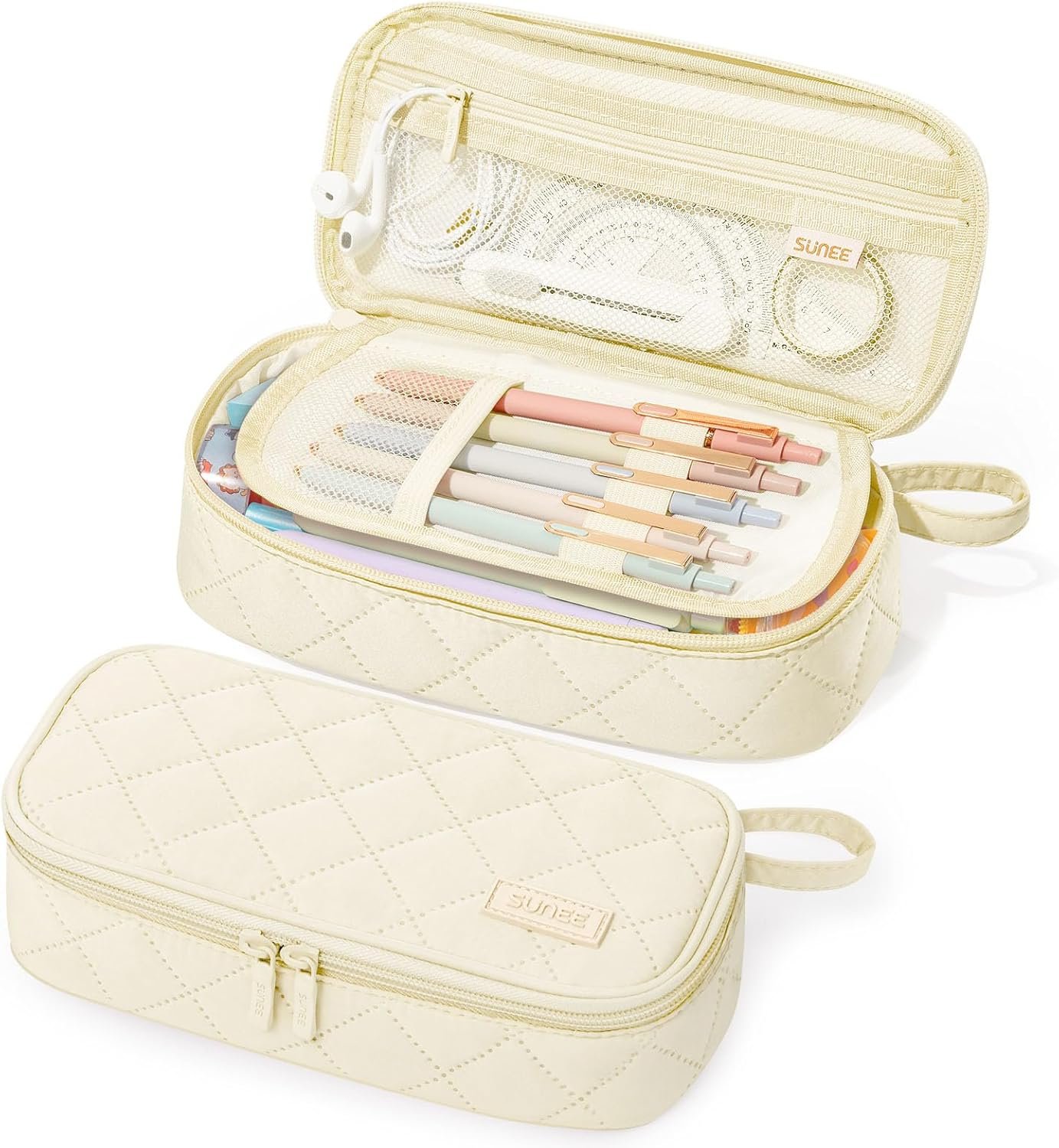 Custom Logo Cute Pencil Case Large Capacity Pencil Pouch Aesthetic Zipper Pencil Bag Private Label Big Storage Pen Organizer Soft Quilted Pencil Box Back to School Supplies for Teen Girls Boys Cream Manufacturer