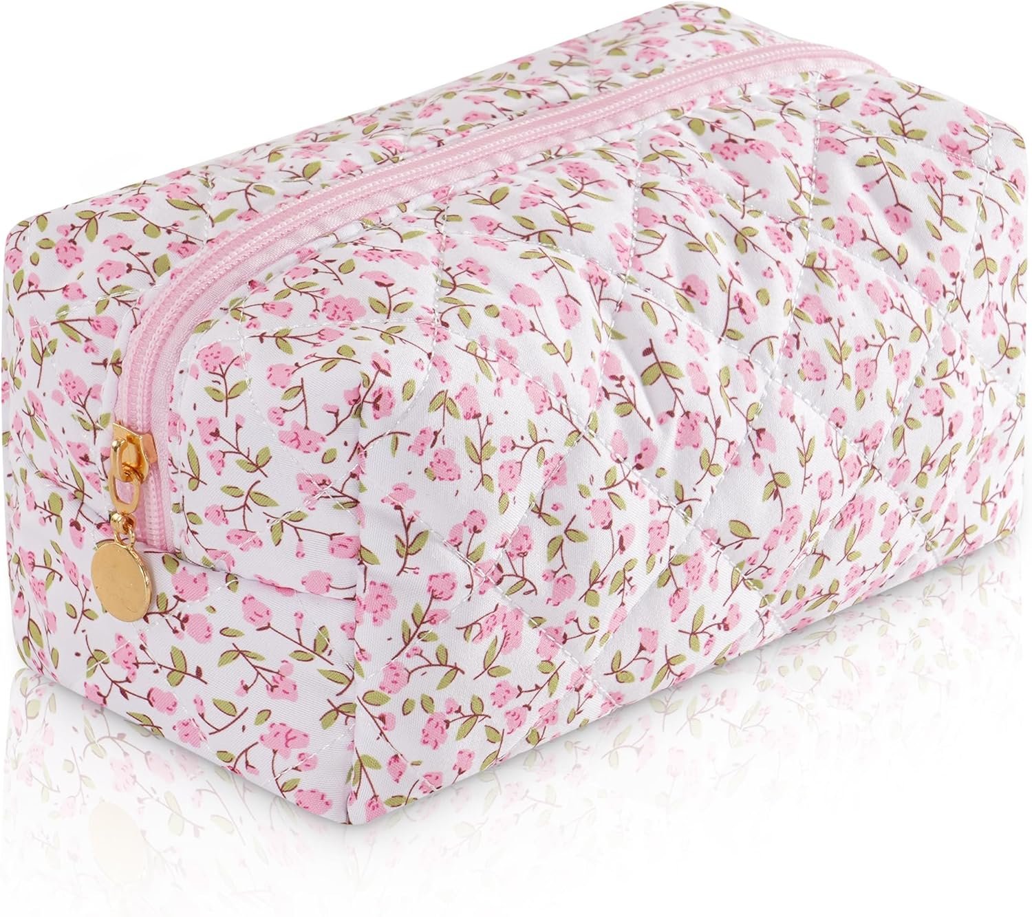 Private Label Small Makeup Travel Toiletry Bag for Women Custom Logo Cute Quilted Cotton Cosmetic Pouch Floral Pencil Case Accessory Pink Manufacturer