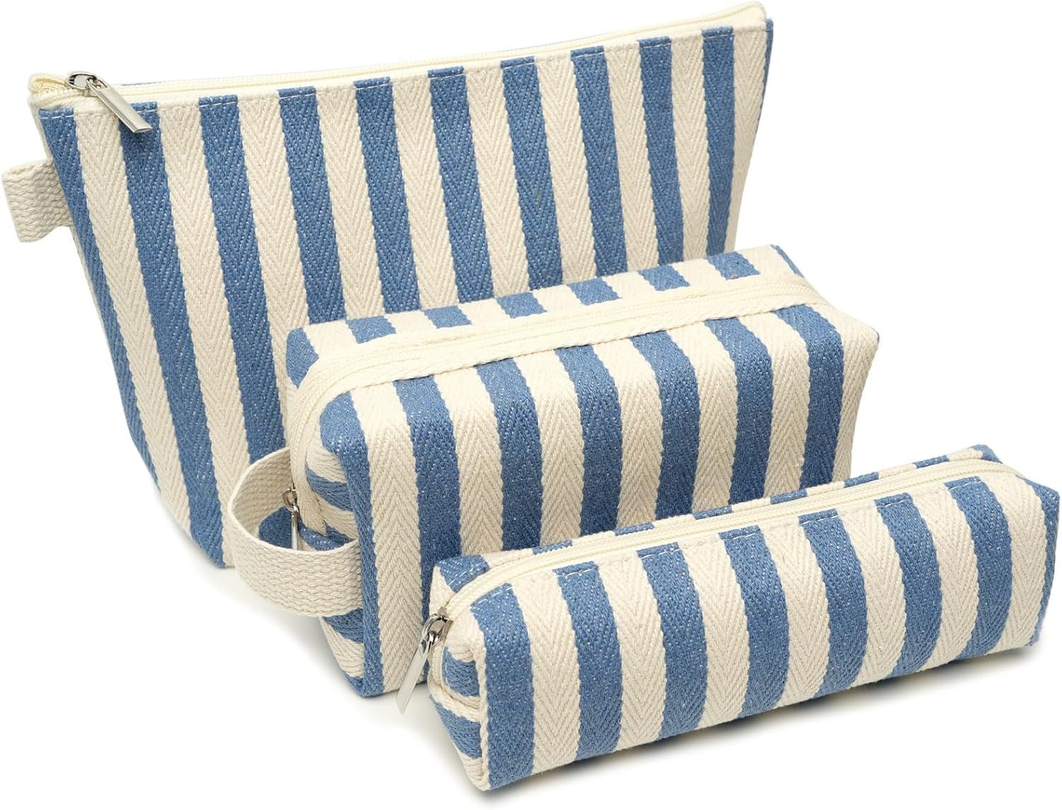 Custom Logo 3 Pcs Striped Canvas Makeup Bag Set Private Label Cosmetic Purse for Women Travel Toiletry Pouch Organizer Pencil Case Manufacturer (Blue-White)