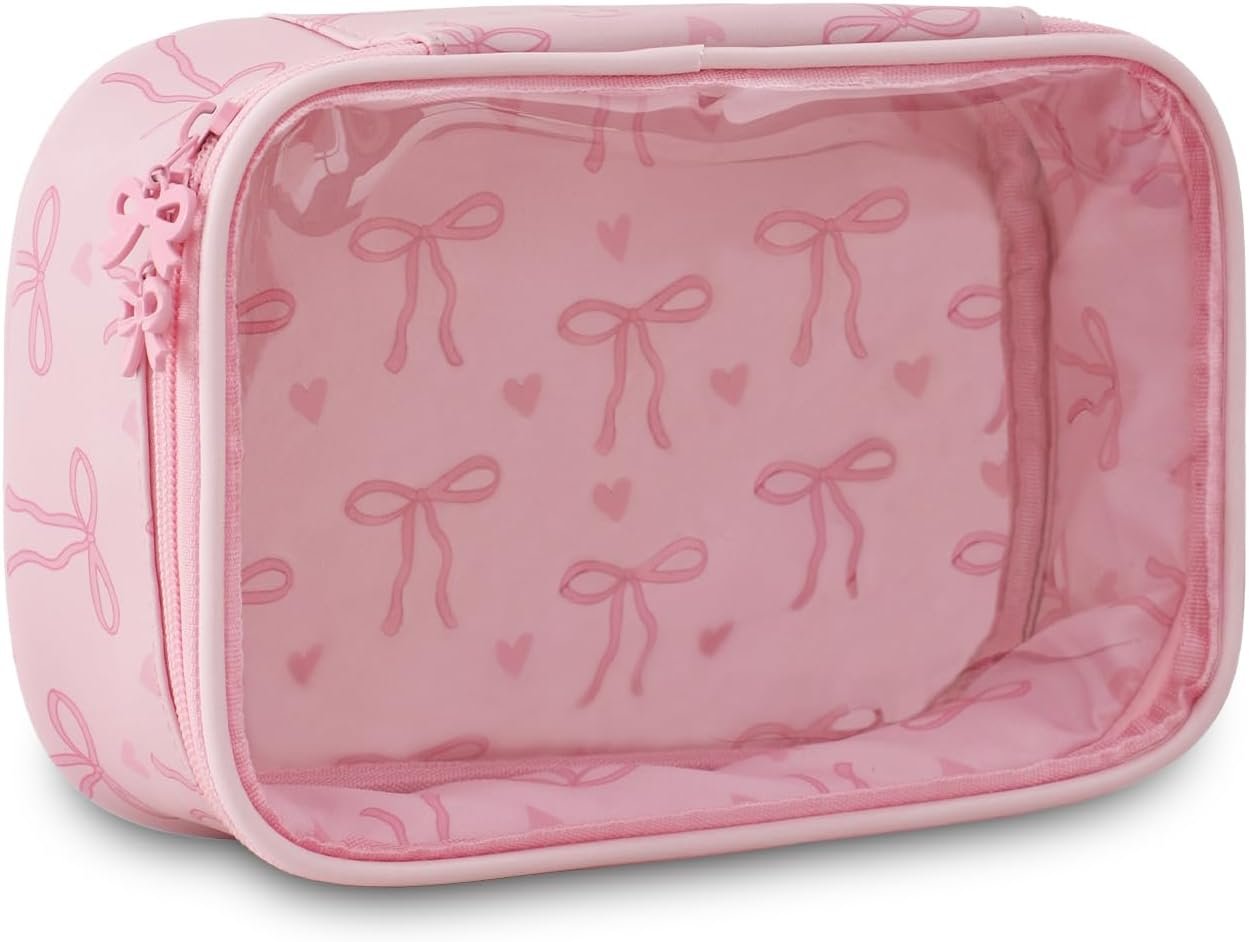 Private Label Clear Small Travel Makeup Bag Pink Bow Cosmetic Pouch for Women Girls - Custom Logo Cute for Purse Birthday Gifts - Manufacturer for Girlfriend Mom Bridesmaid (Pink Bow C)