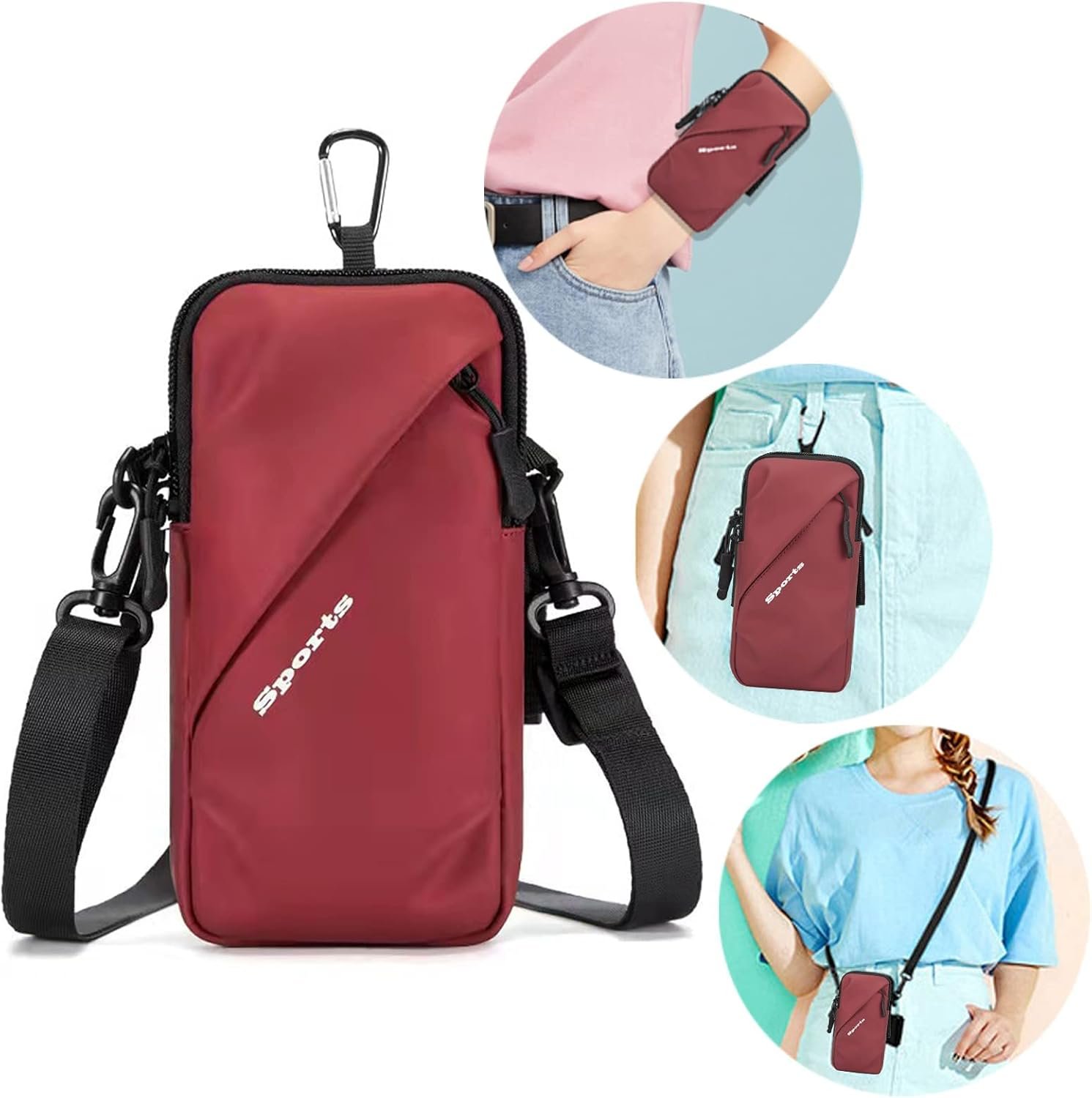 Custom Logo Cell Phone Holder Small Crossbody Shoulder Holster Private Label Bag with Arm Band Fits iPhone Android for Running Walking Hiking Biking Factory 6.7 Inches Red