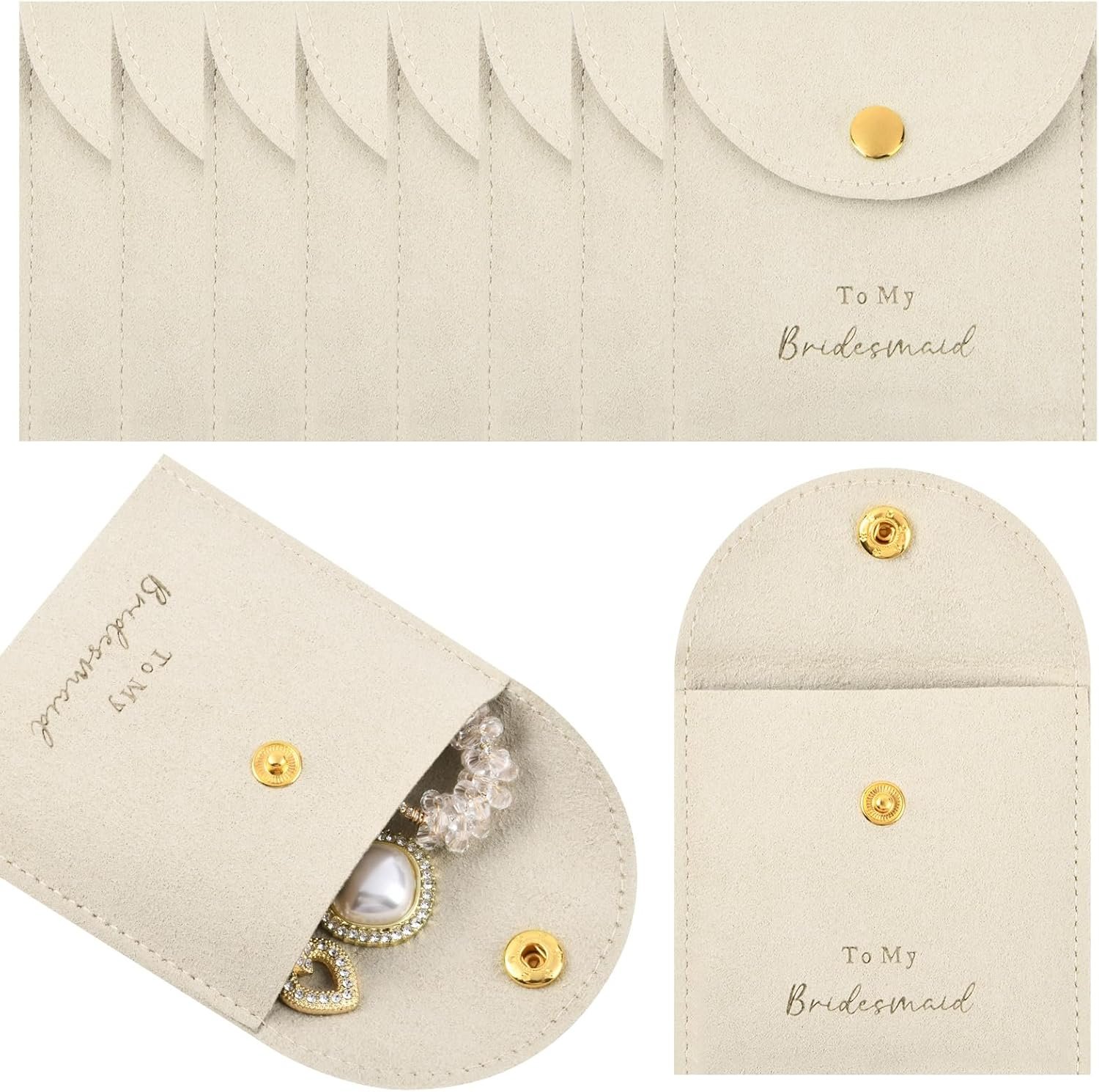 Custom Logo Set of 8 Small Velvet Jewelry Bags with Button Private Label Bridesmaid Proposal Gifts for Bracelet Earring Necklace Packaging Bridal Party Favors Factory Beige