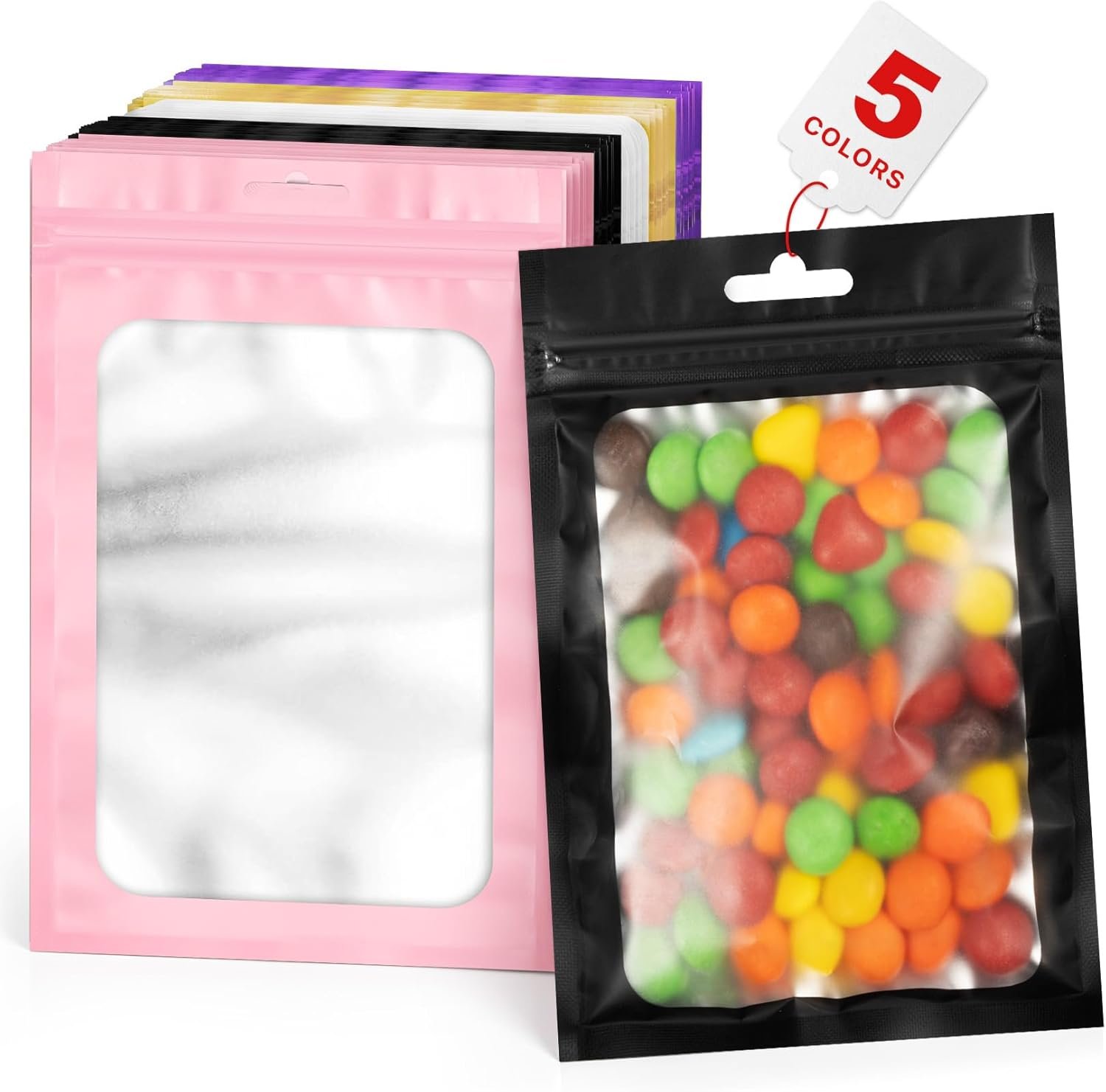 Private Label 100 PCS Multicolor Resealable Mylar Bags with Custom Logo and Frosted Clear Window Foil Zipper Pouches for Food Jewelry Storage from Manufacturer (4.72x7.87)