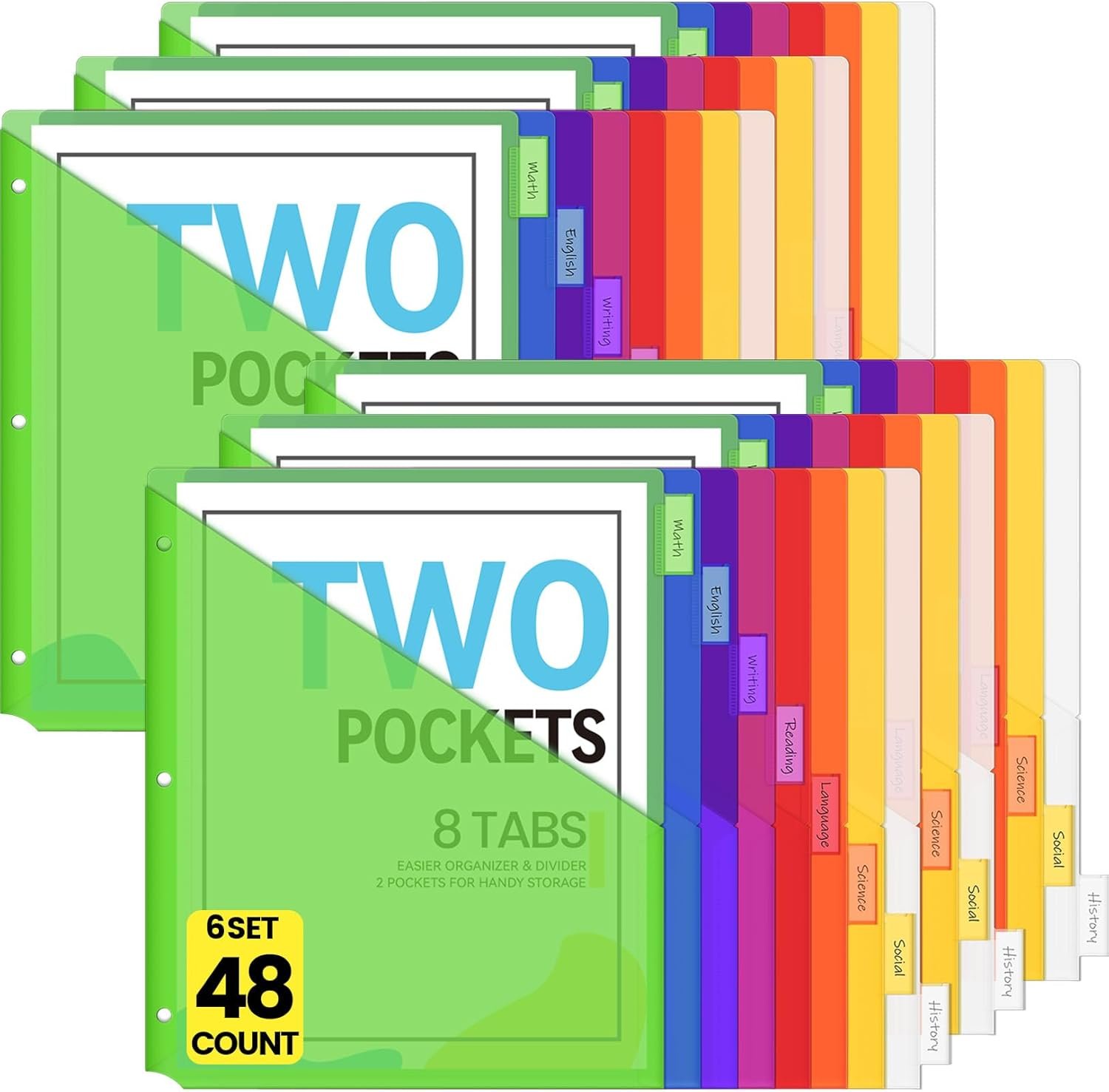 Private Label 48 Count 8-Tab Dividers with Pockets for 3 Ring Binders US Letter Size, Custom Logo Multicolor Insertable Big Tabs Binder Dividers Set of 6, Manufacturer