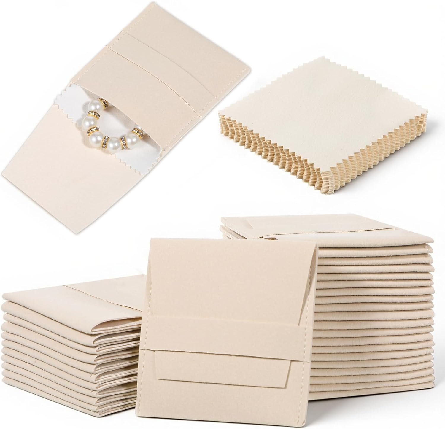 Custom Logo 100 Pcs 8x8cm Microfiber Jewelry Pouches Private Label Luxury Envelope Style Gift Bags with Cleaning Cloth Fixed Strap Divider for Bracelets Necklaces Beige Manufacturer