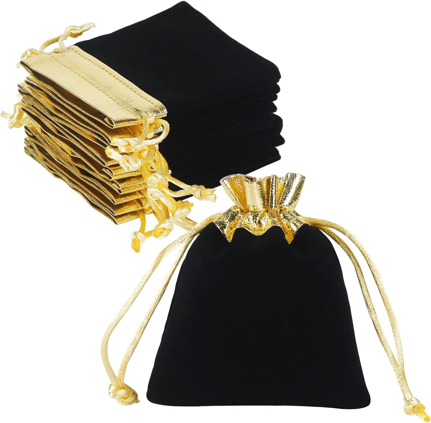 Factory Custom Logo 3x4 Inch Black Gold Velvet Drawstring Pouches 20pcs Private Label for Jewelry Small Gifts