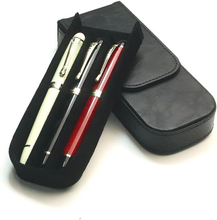 Manufacturer Leather Triple Pen Case Private Label Pencil Pouch Holder for Three Fountain Ballpoint Rollerball Pens and Pencils Custom Logo Office Gift Black