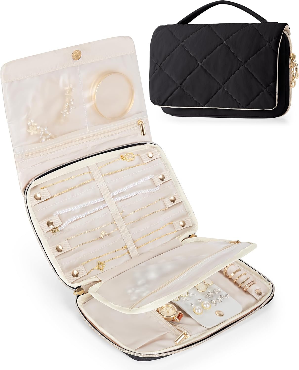 Custom Logo Foldable Black Travel Jewelry Organizer Case for Women Private Label Jewelry Bag for Earrings Rings Necklaces Bracelets Brooches Manufacturer