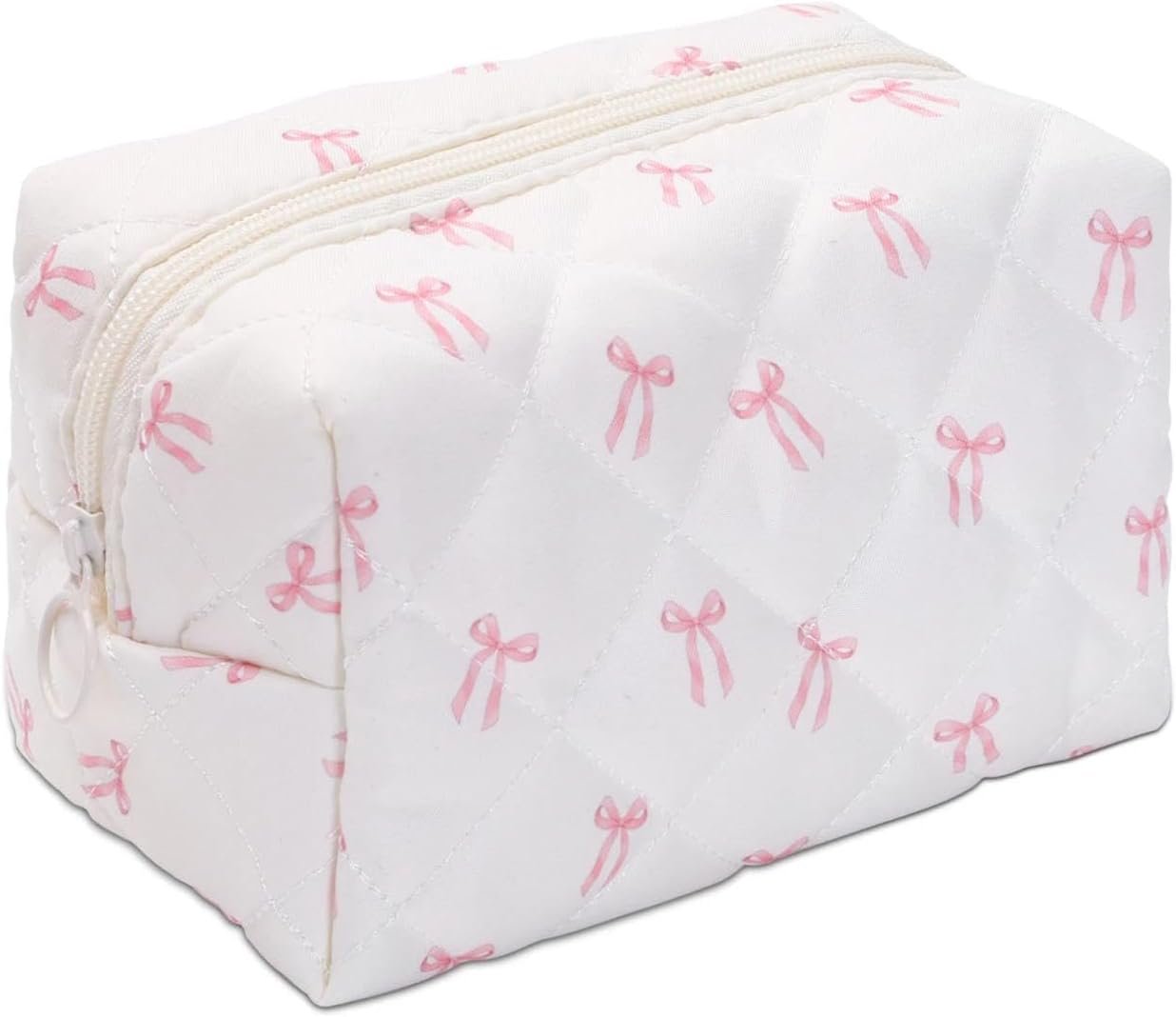 Custom Logo Quilted Makeup Bag, Private Label Pink Bow Cotton Cosmetic Bag, Factory Coquette Makeup Pouch for Women Girls Aesthetic Organizer Travel Toiletry Bags